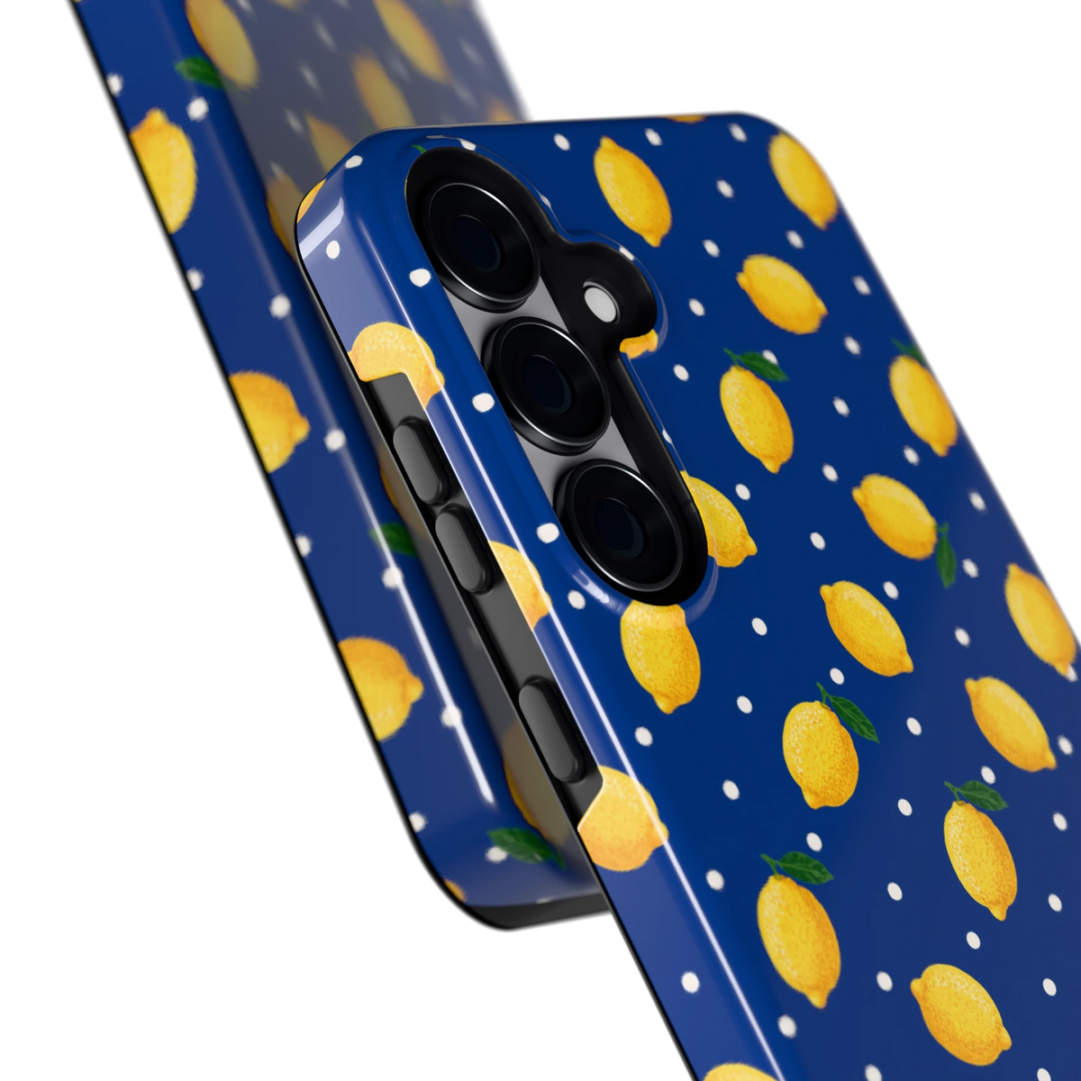 Citroenen op marineblauw hoesje voor Galaxy S25+, close-up