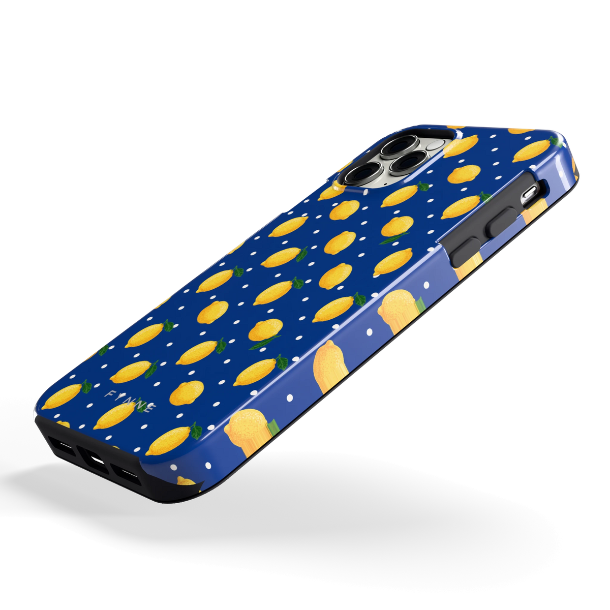 Citroenen op marineblauw hoesje voor iPhone 11 Pro, schuin