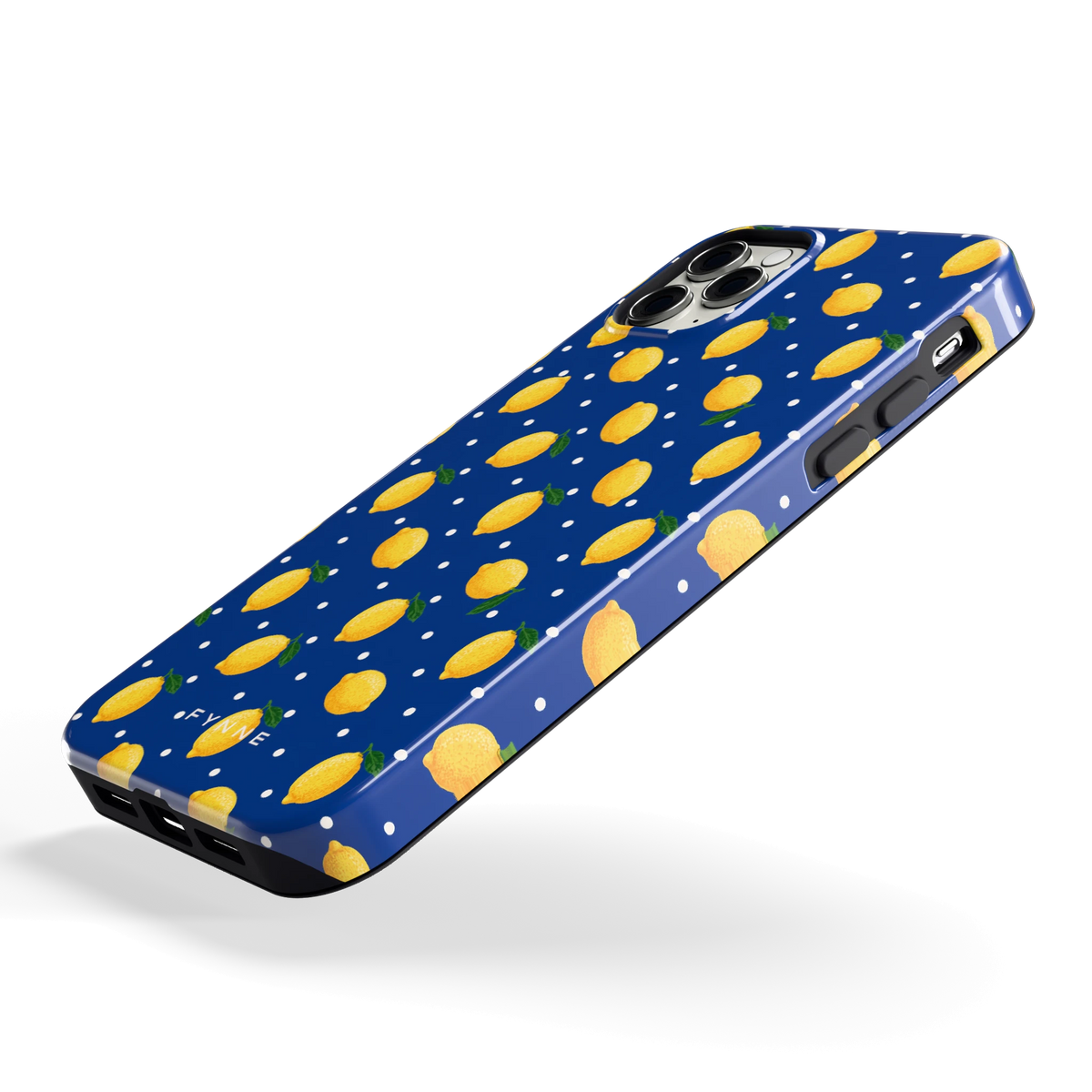 Citroenen op marineblauw hoesje voor iPhone 11 Pro Max, schuin