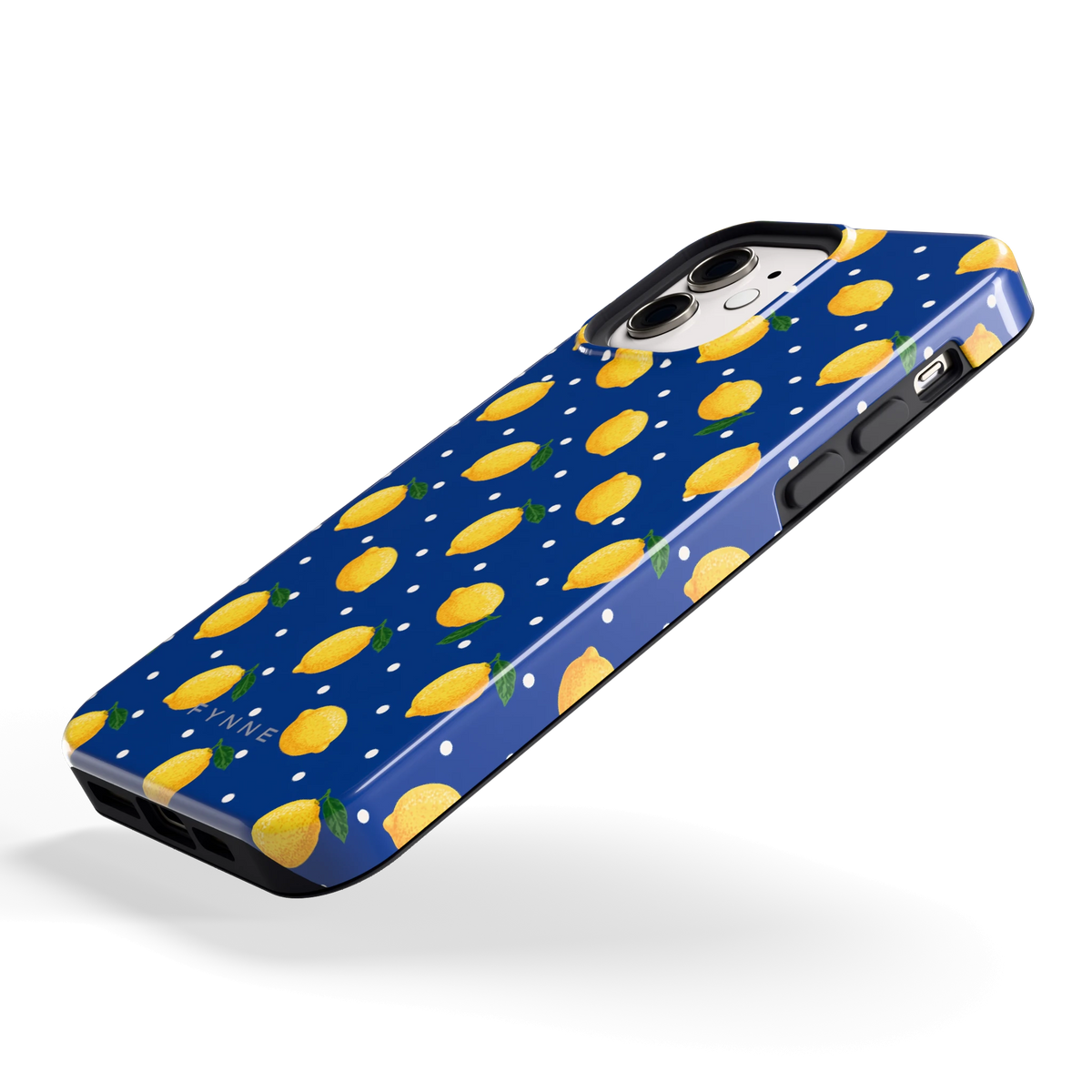 Citroenen op marineblauw hoesje voor iPhone 12, schuin