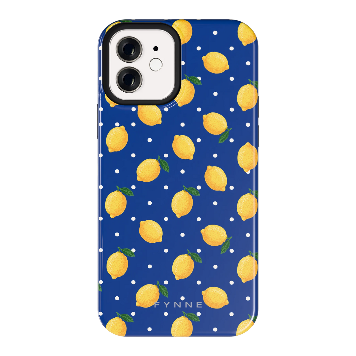 Citroenen op marineblauw hoesje voor iPhone 12, achterkant