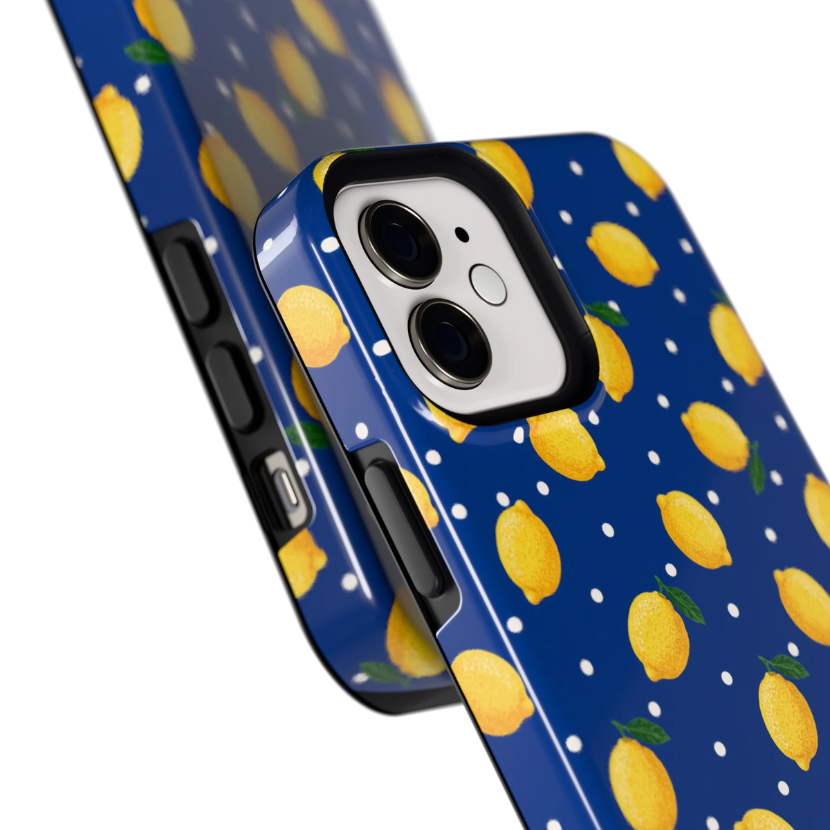 Citroenen op marineblauw hoesje voor iPhone 12, close-up