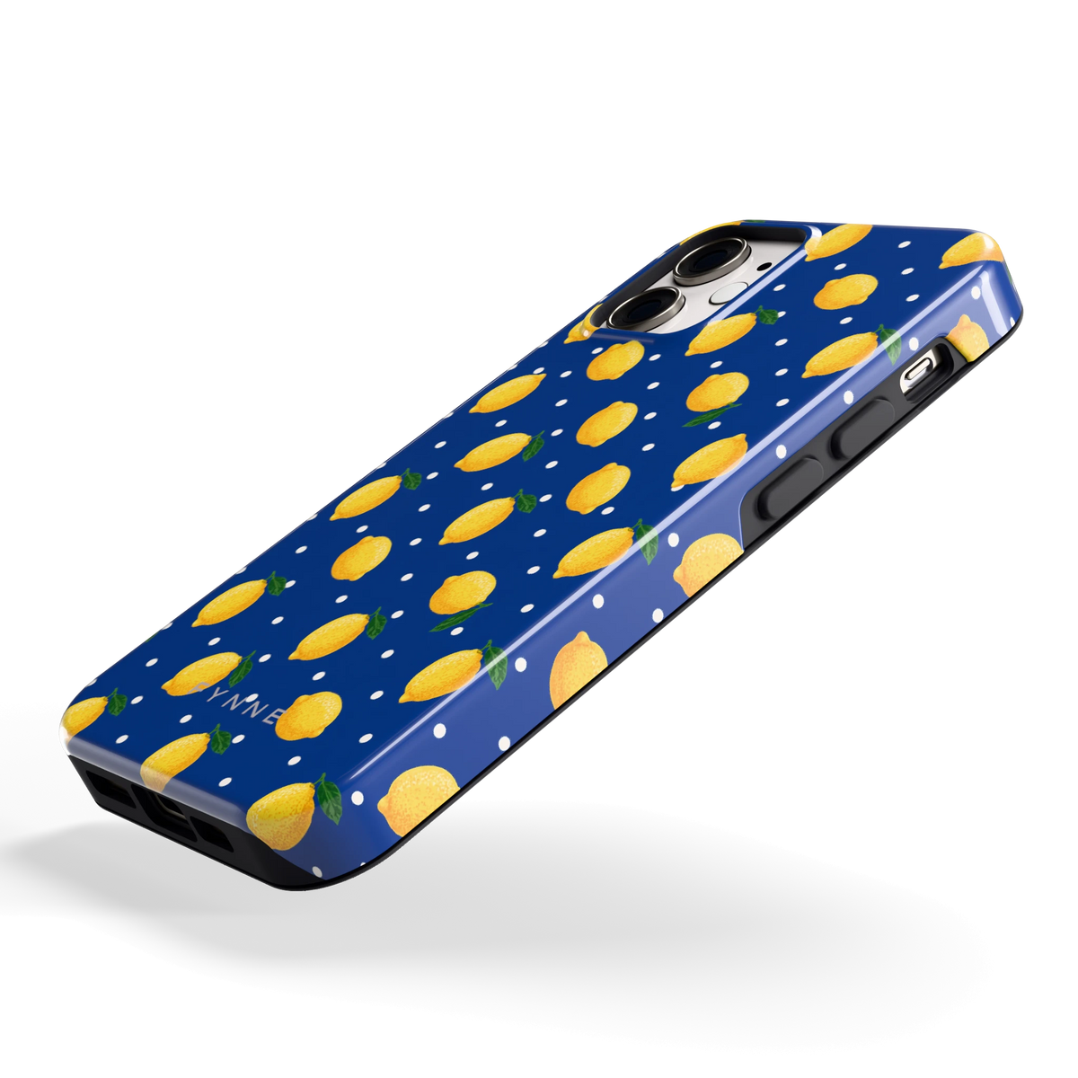 Citroenen op marineblauw hoesje voor iPhone 12 mini, schuin