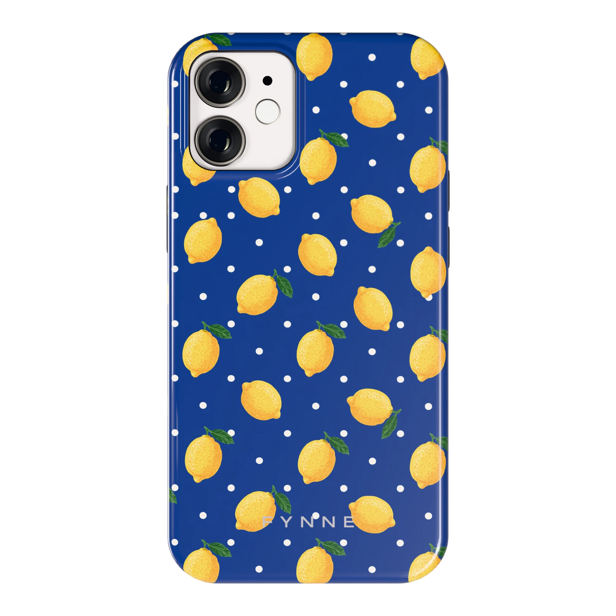 Citroenen op marineblauw hoesje voor iPhone 12 mini, achterkant