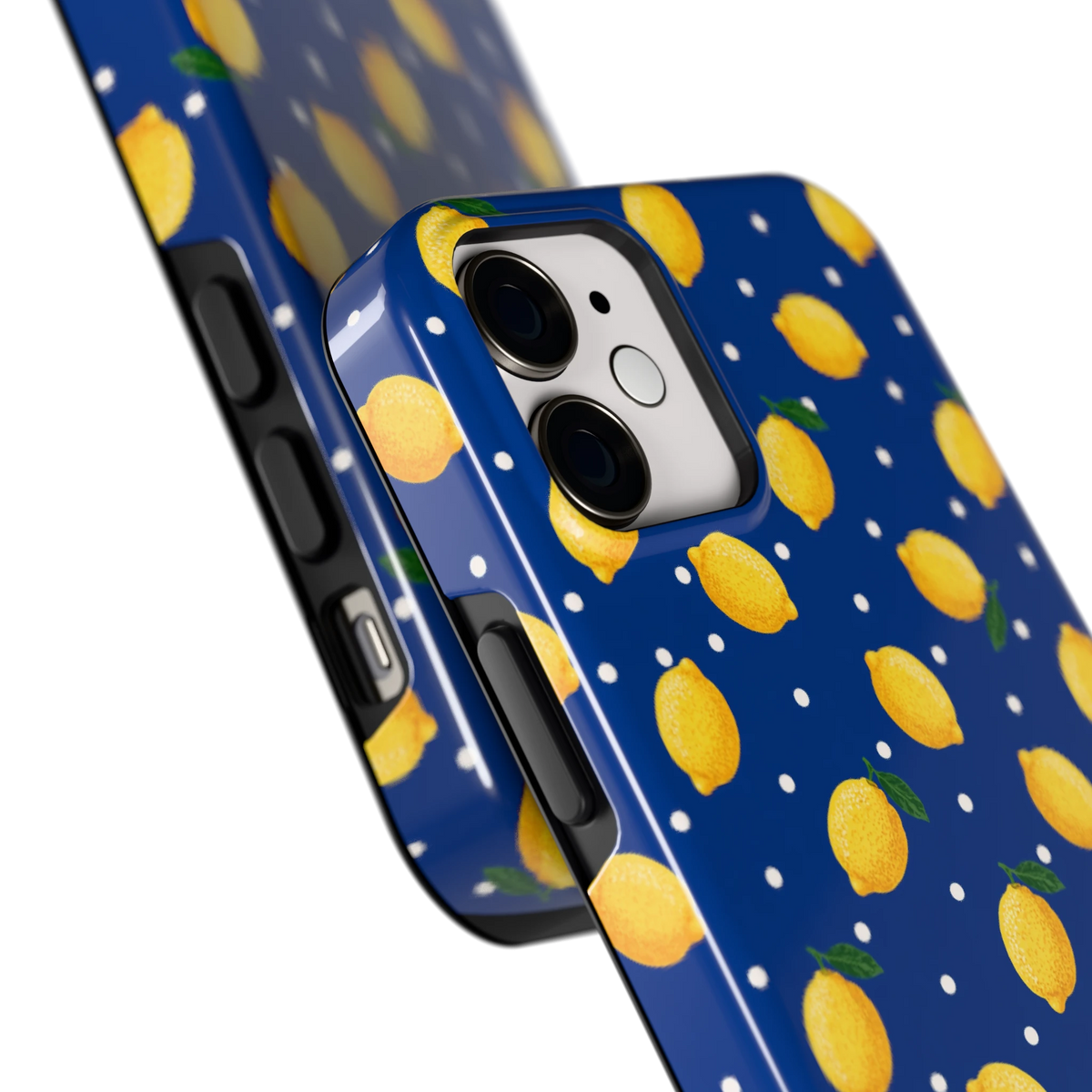 Citroenen op marineblauw hoesje voor iPhone 12 mini, close-up