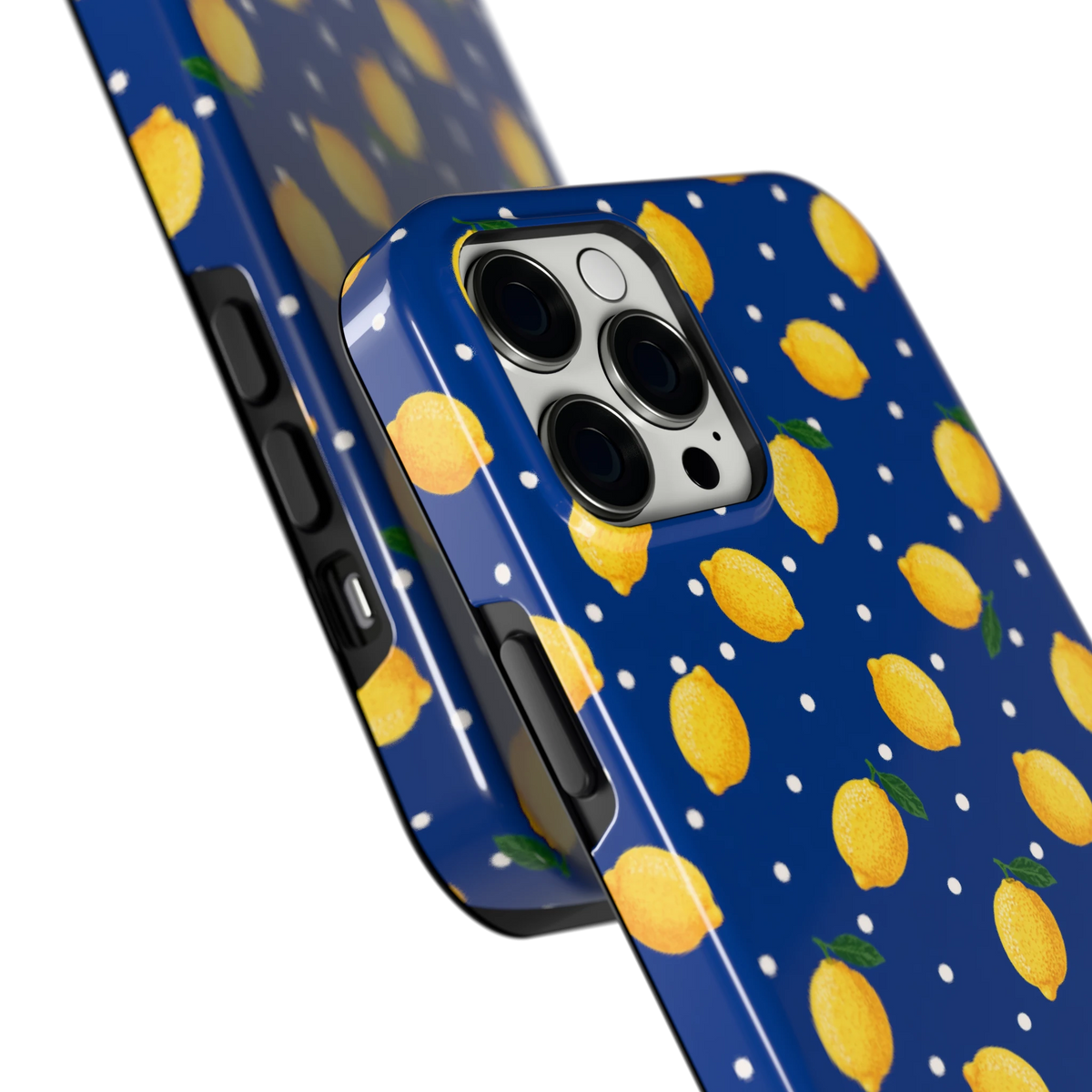 Citroenen op marineblauw hoesje voor iPhone 12 Pro Max, close-up