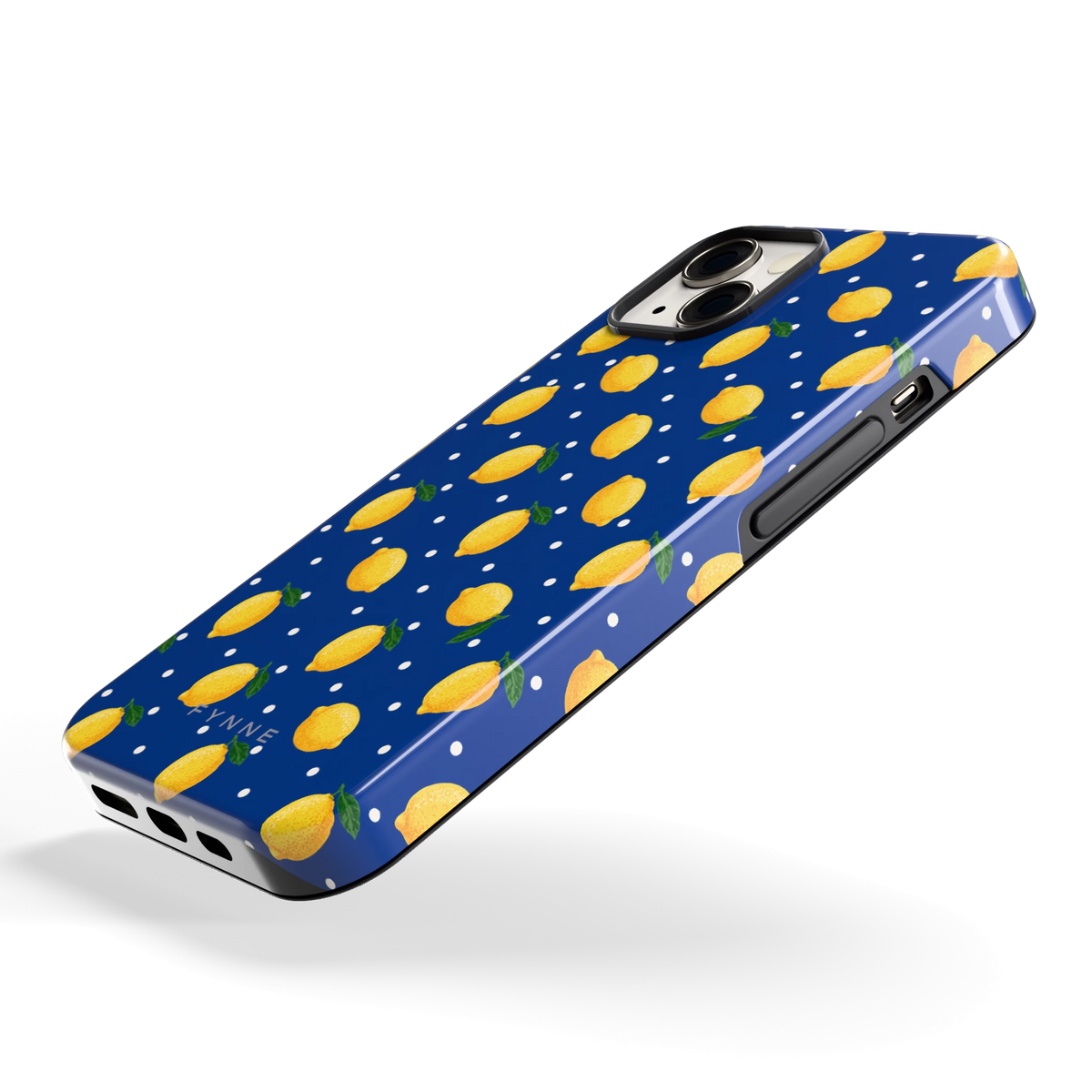Citroenen op marineblauw hoesje voor iPhone 13, schuin