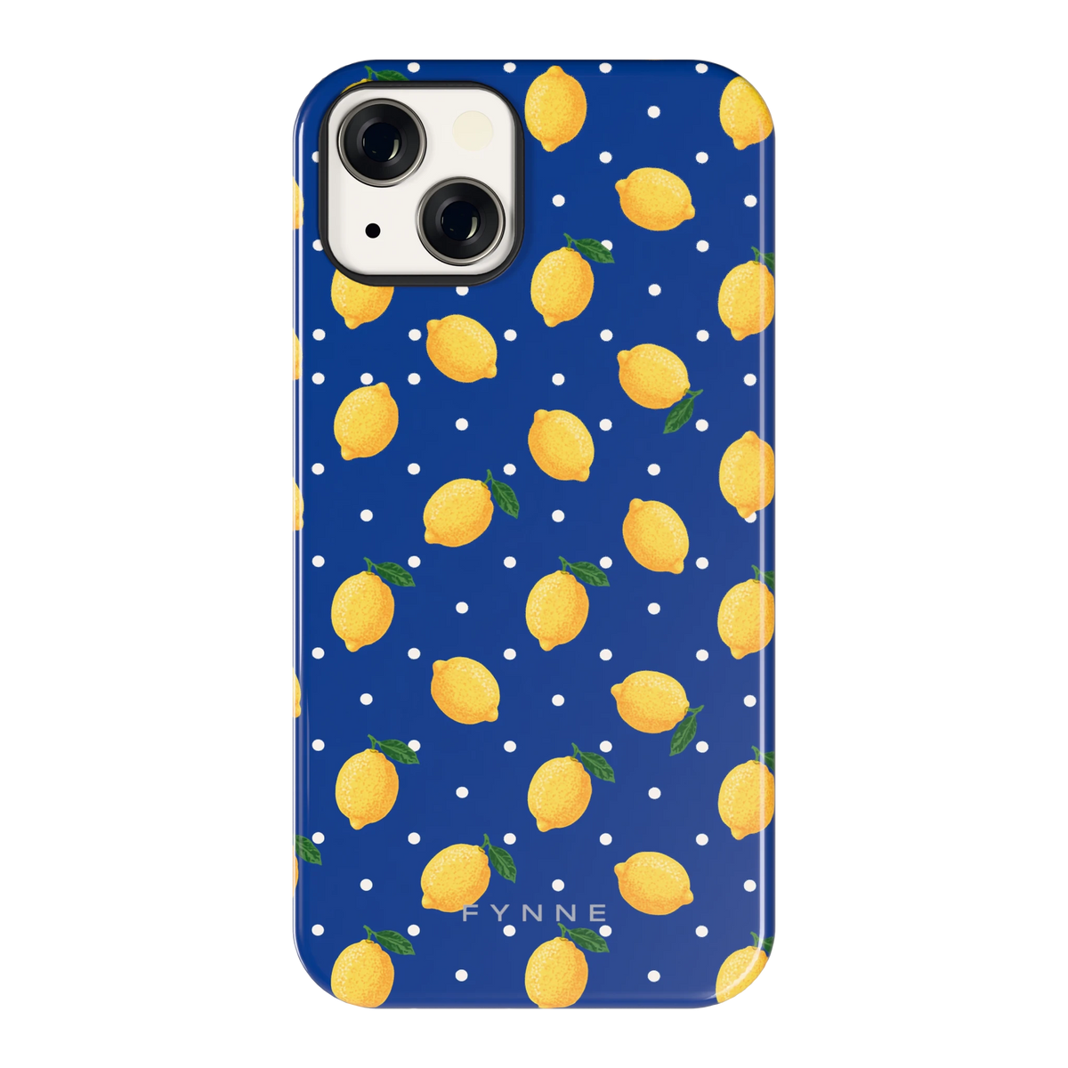 Citroenen op marineblauw hoesje voor iPhone 13, achterkant