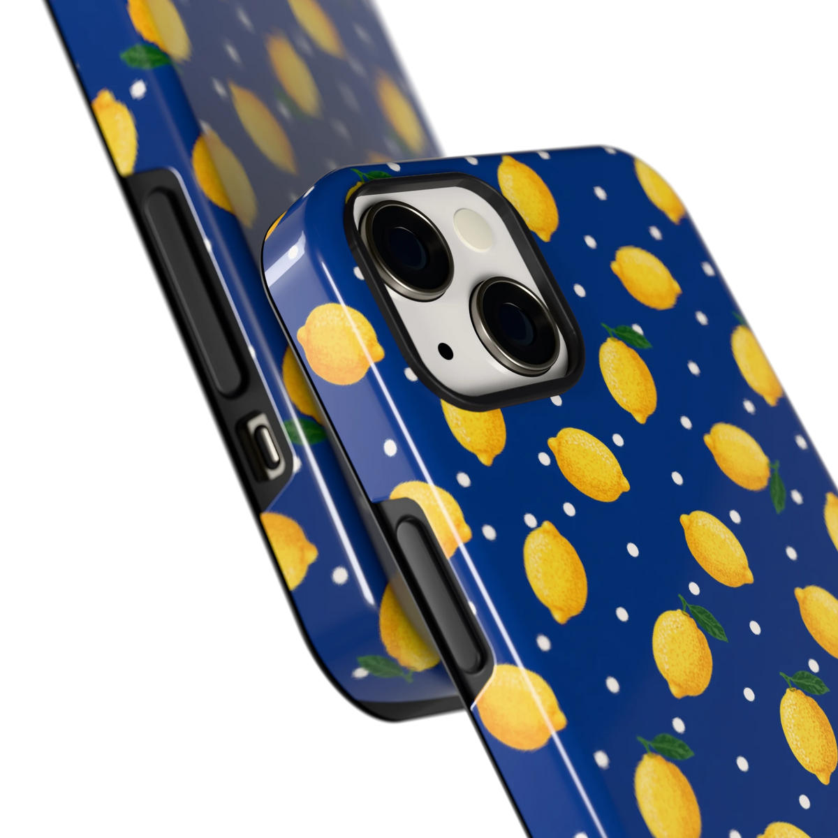 Citroenen op marineblauw hoesje voor iPhone 13, close-up