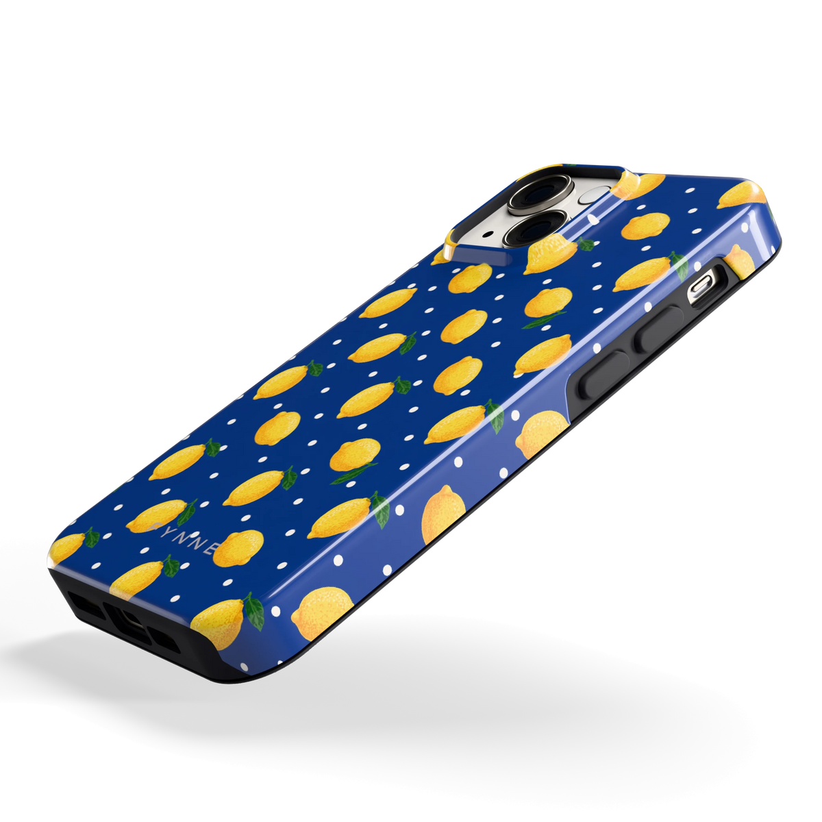 Citroenen op marineblauw hoesje voor iPhone 13 mini, schuin