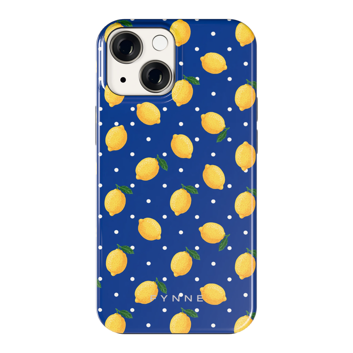 Citroenen op marineblauw hoesje voor iPhone 13 mini, achterkant