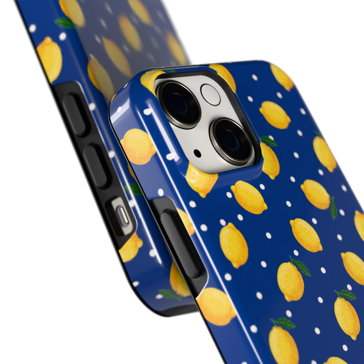 Citroenen op marineblauw hoesje voor iPhone 13 mini, close-up