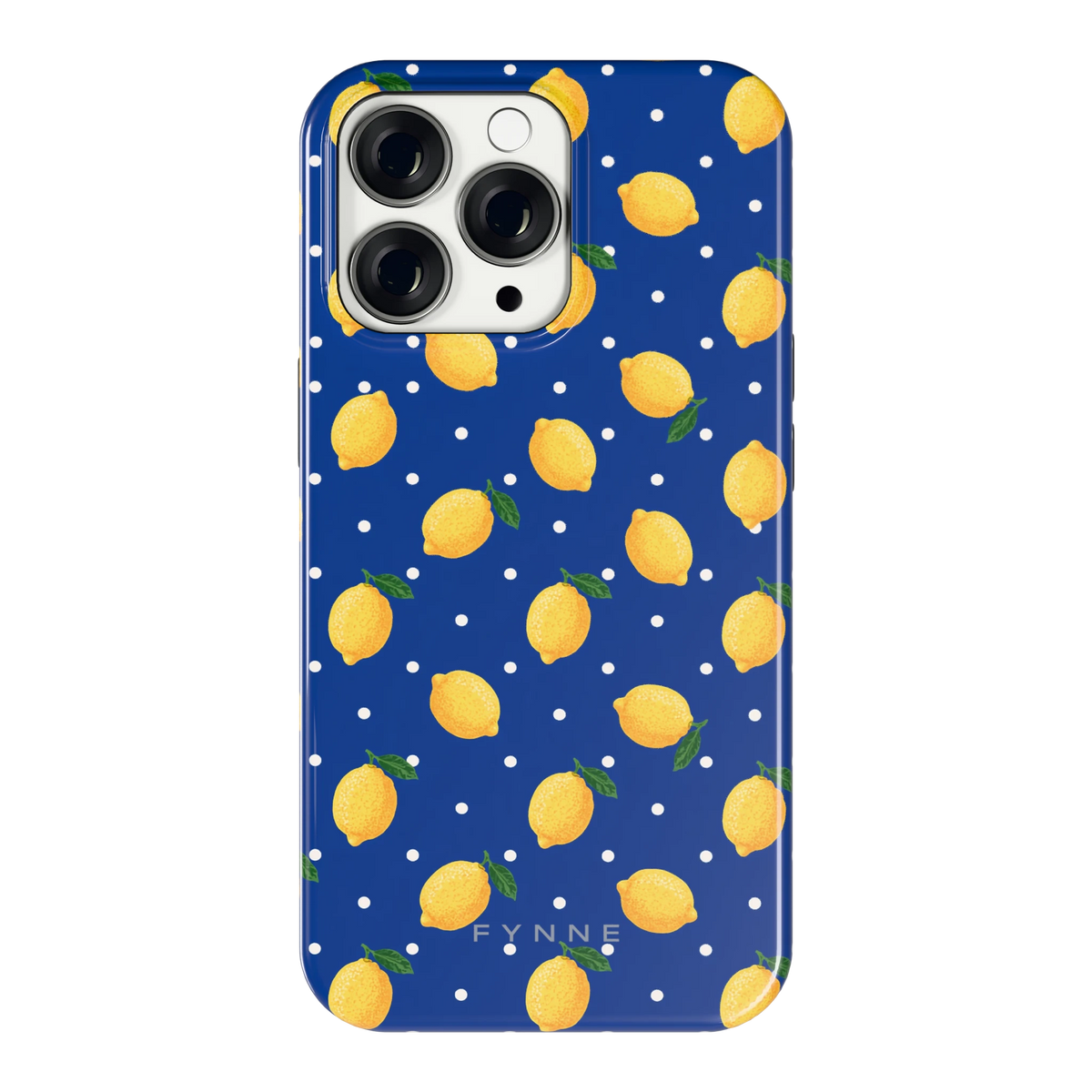Citroenen op marineblauw hoesje voor iPhone 13 Pro, achterkant