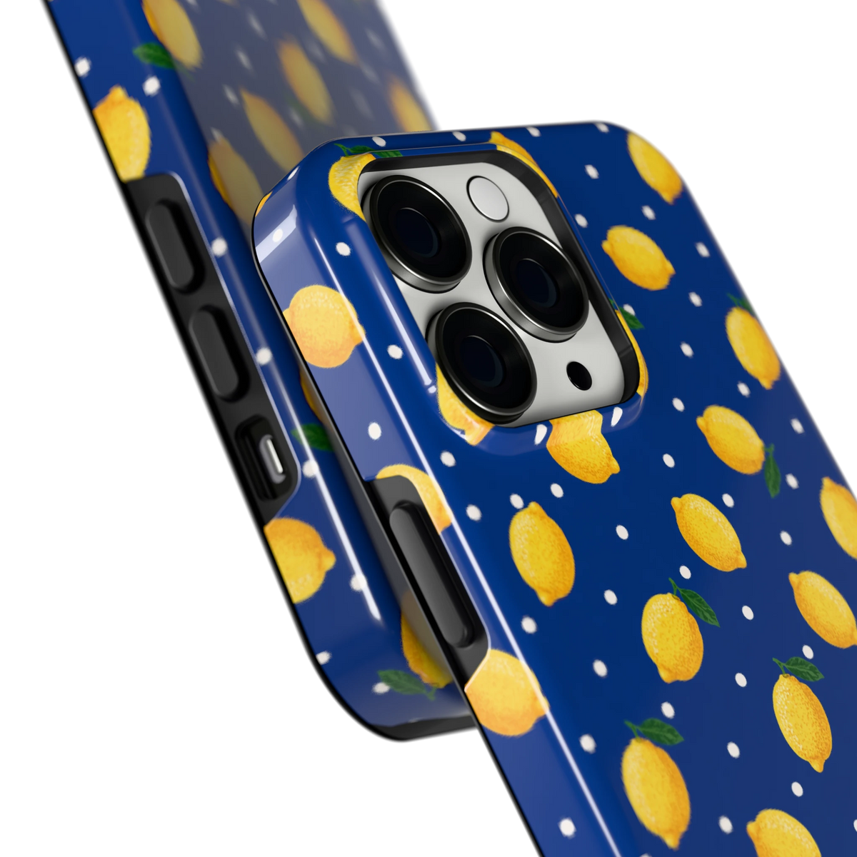 Citroenen op marineblauw hoesje voor iPhone 13 Pro, close-up