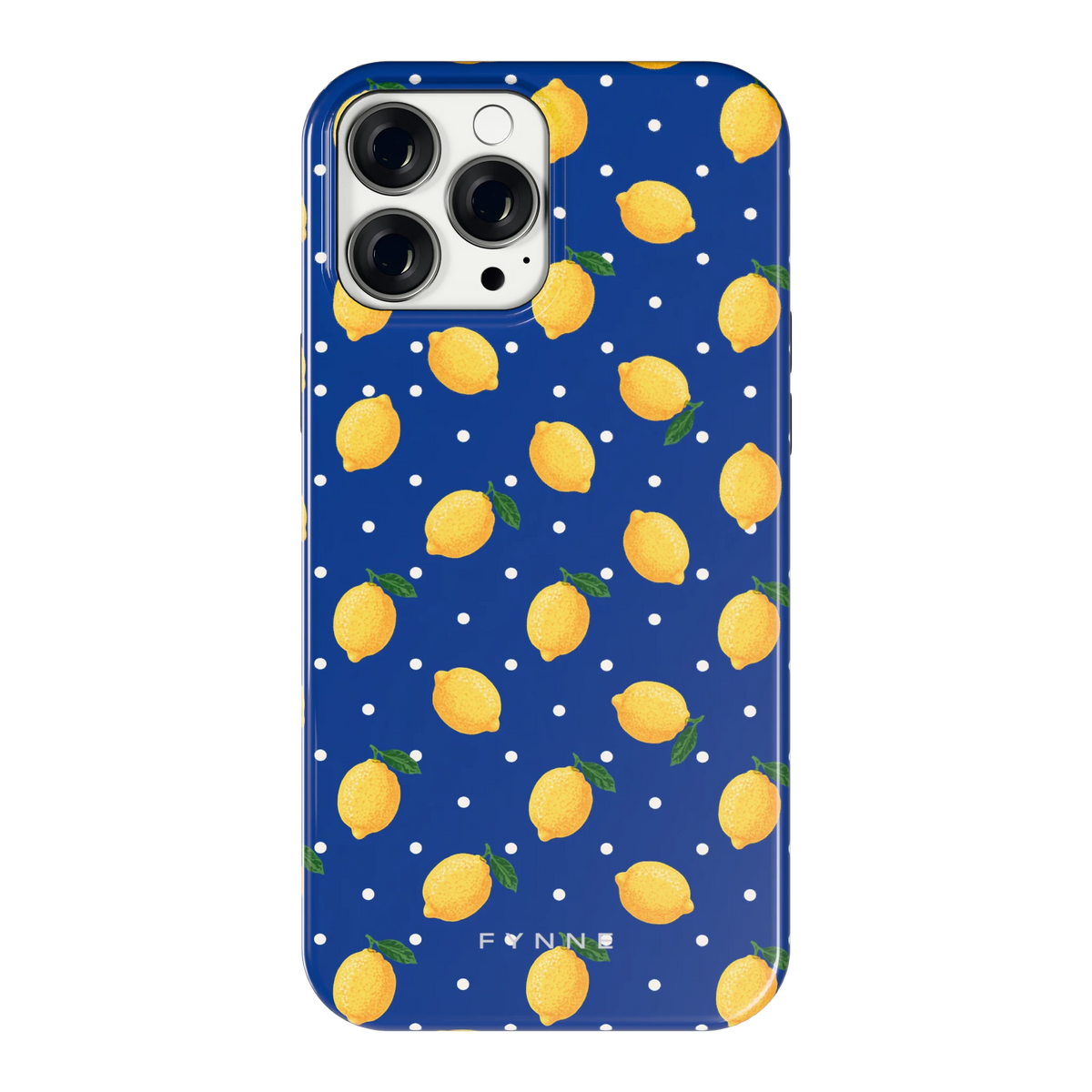 Citroenen op marineblauw hoesje voor iPhone 13 Pro Max, achterkant