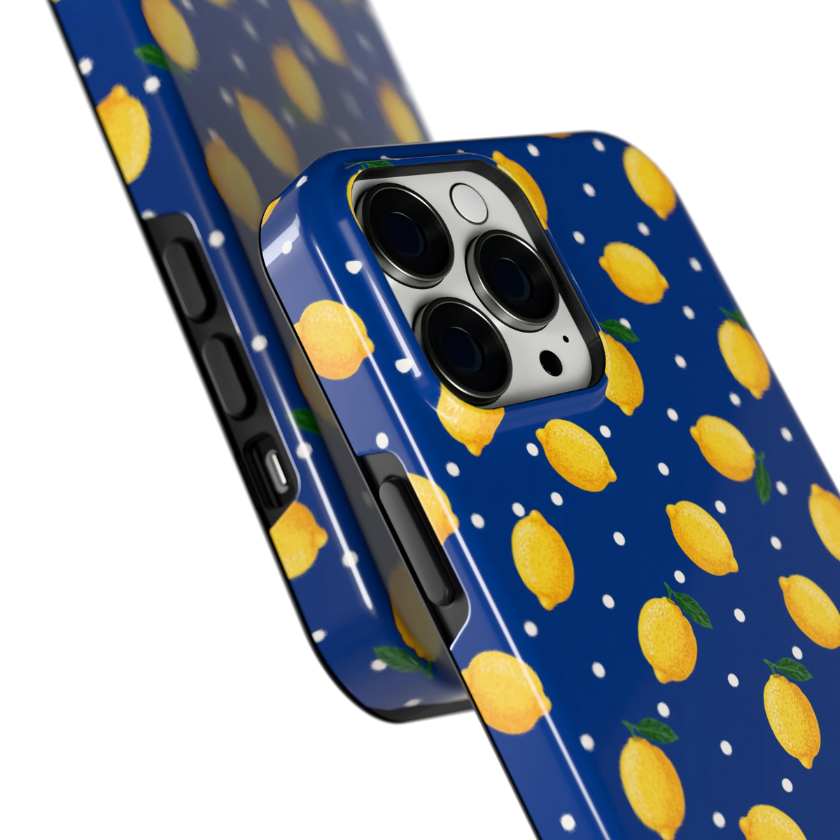 Citroenen op marineblauw hoesje voor iPhone 13 Pro Max, close-up
