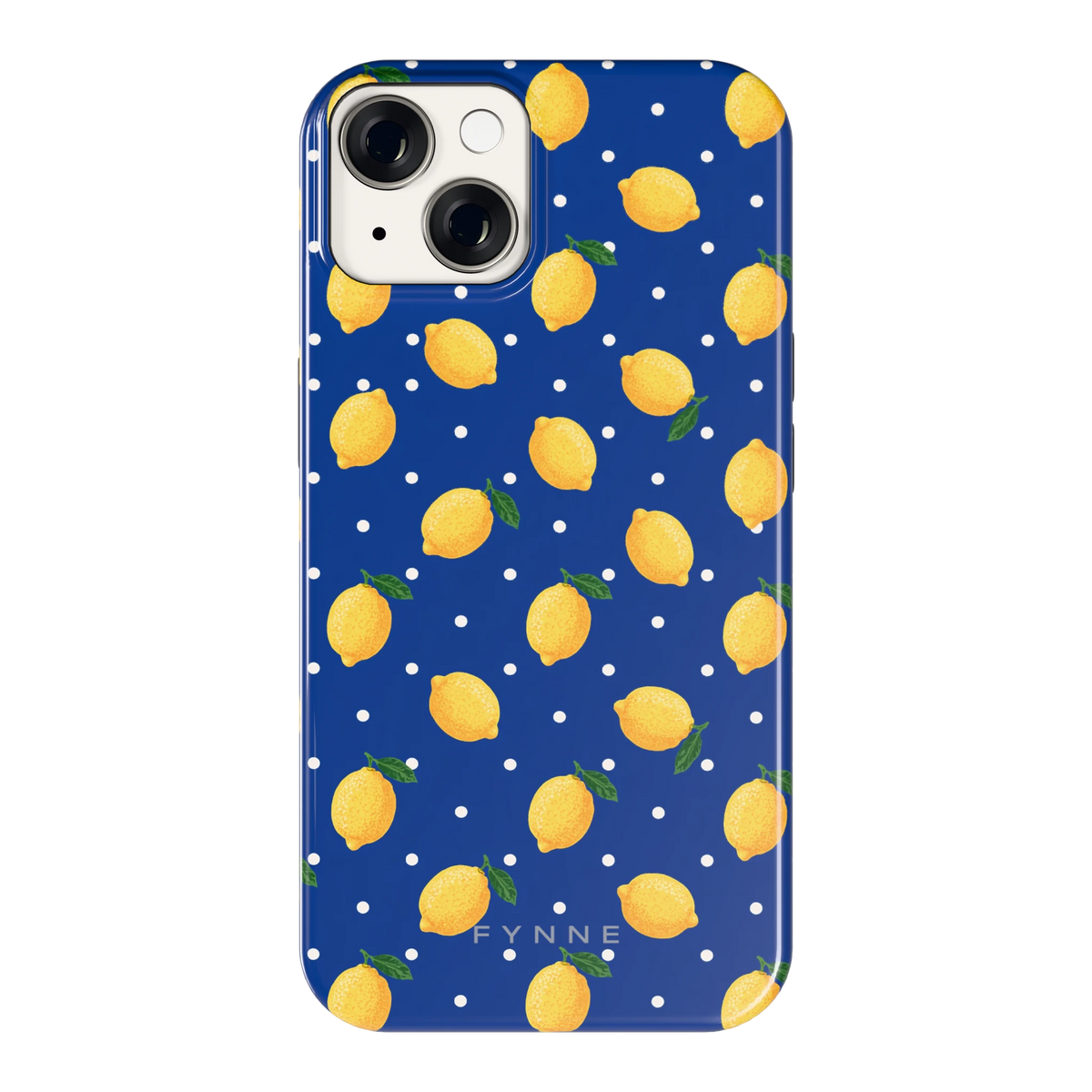 Citroenen op marineblauw hoesje voor iPhone 14, achterkant