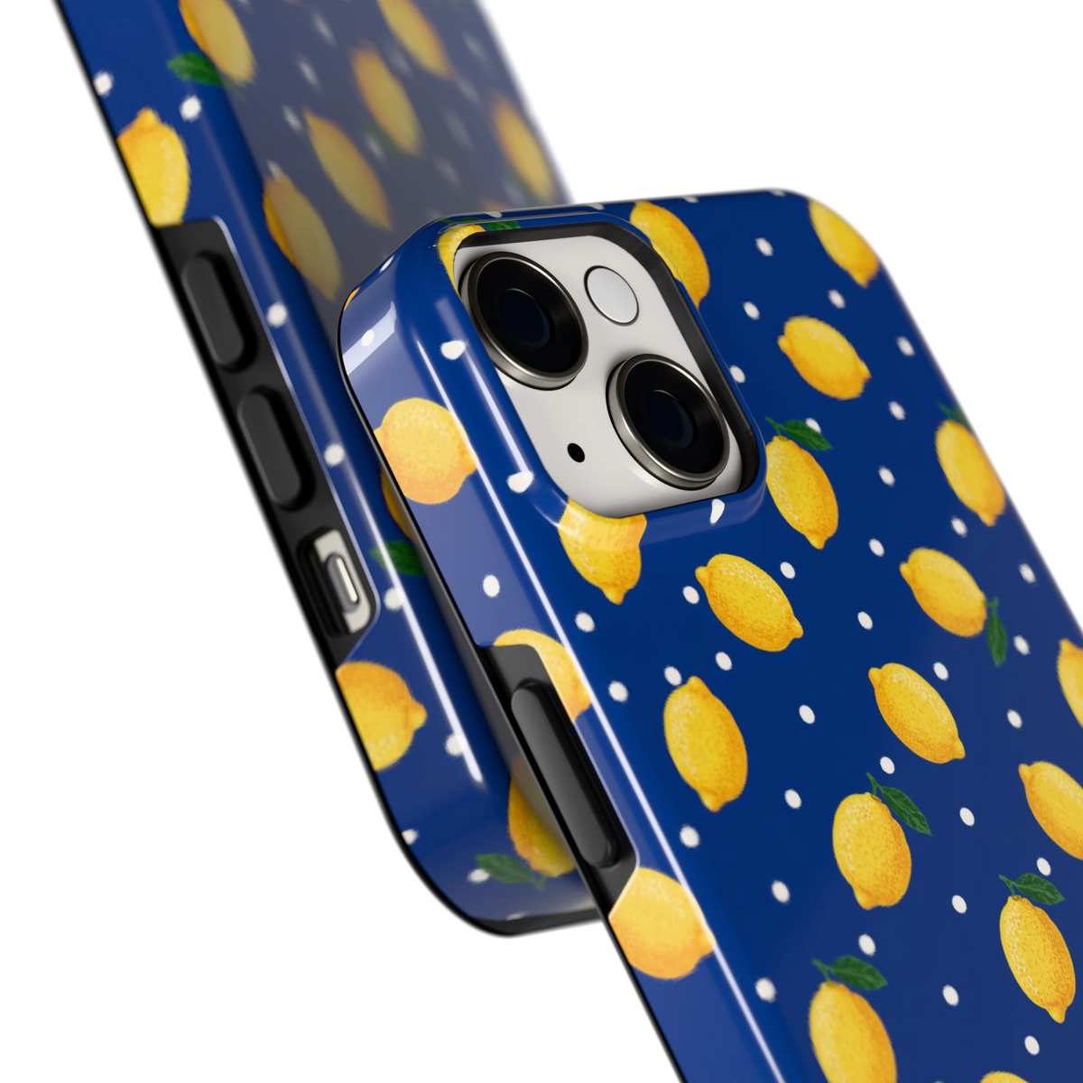 Citroenen op marineblauw hoesje voor iPhone 14, close-up