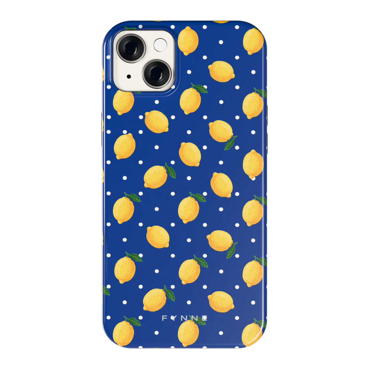 Citroenen op marineblauw hoesje voor iPhone 14 Plus, achterkant