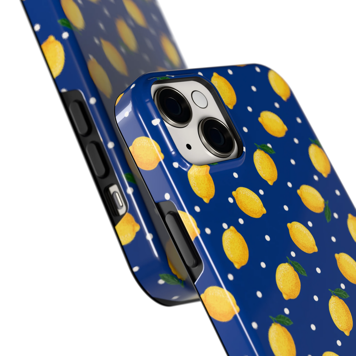 Citroenen op marineblauw hoesje voor iPhone 14 Plus, close-up