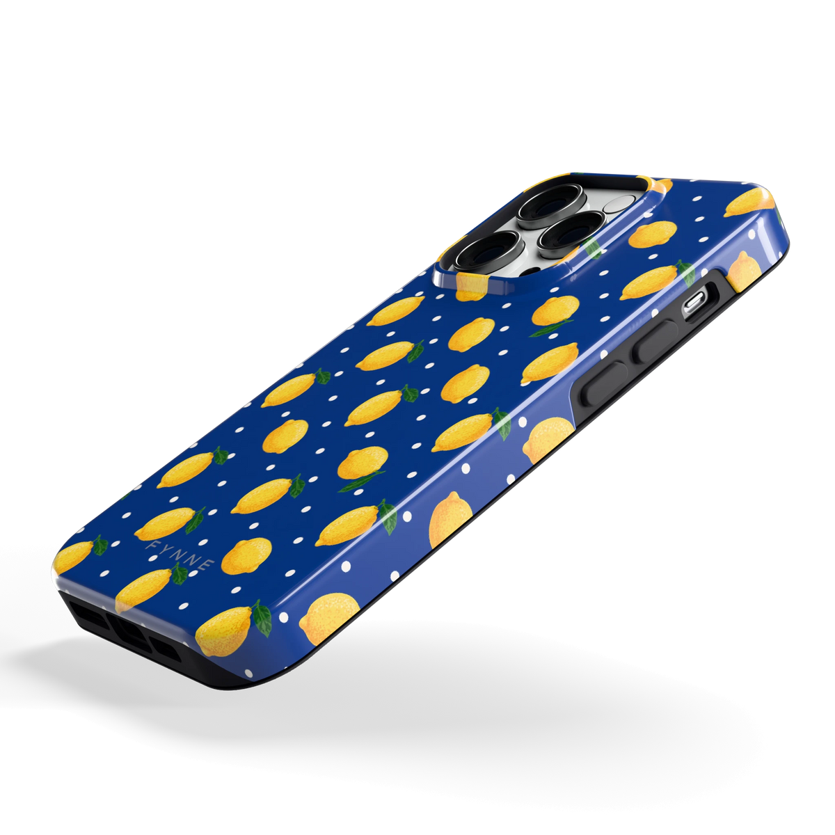 Citroenen op marineblauw hoesje voor iPhone 14 Pro, schuin