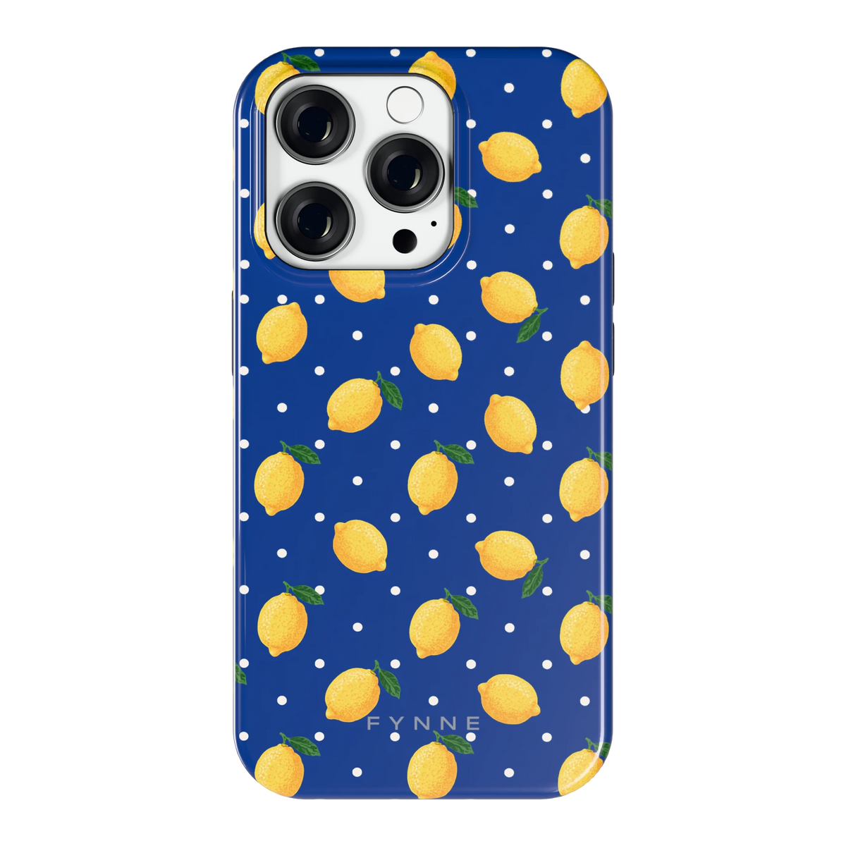 Citroenen op marineblauw hoesje voor iPhone 14 Pro, achterkant