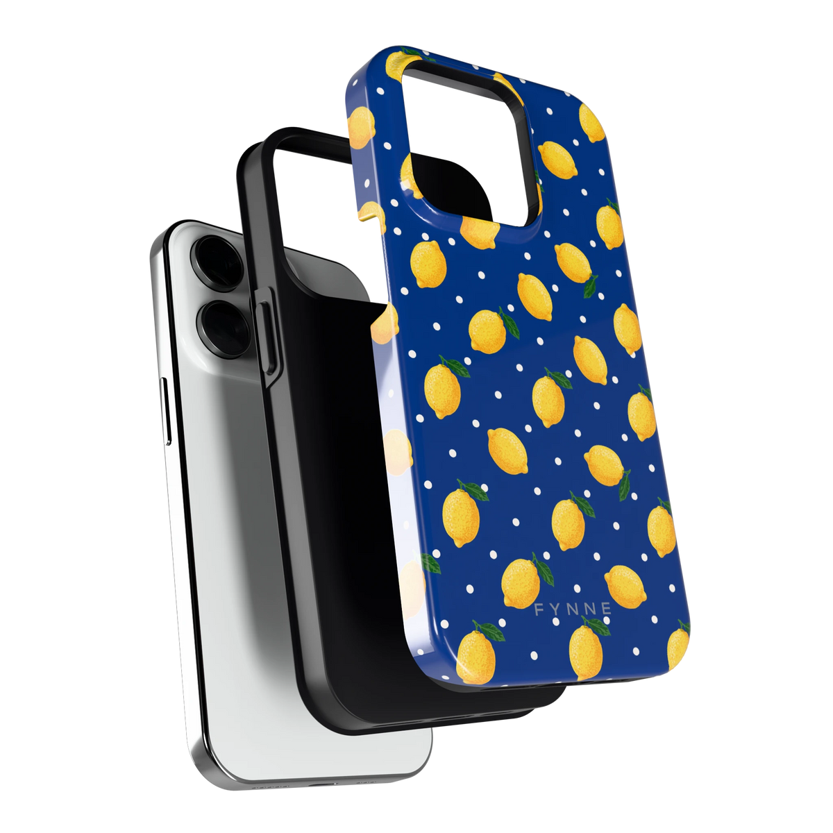 Citroenen op marineblauw hoesje voor iPhone 14 Pro, los van de telefoon
