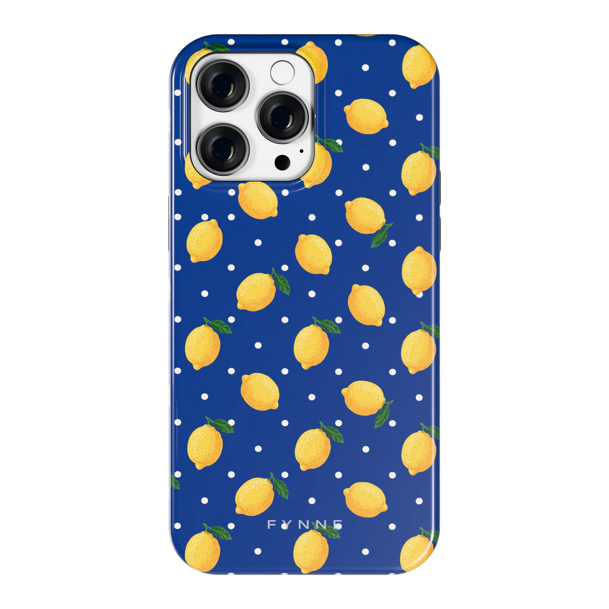 Citroenen op marineblauw hoesje voor iPhone 14 Pro Max, achterkant