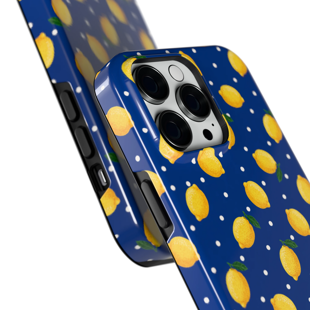 Citroenen op marineblauw hoesje voor iPhone 14 Pro Max, close-up