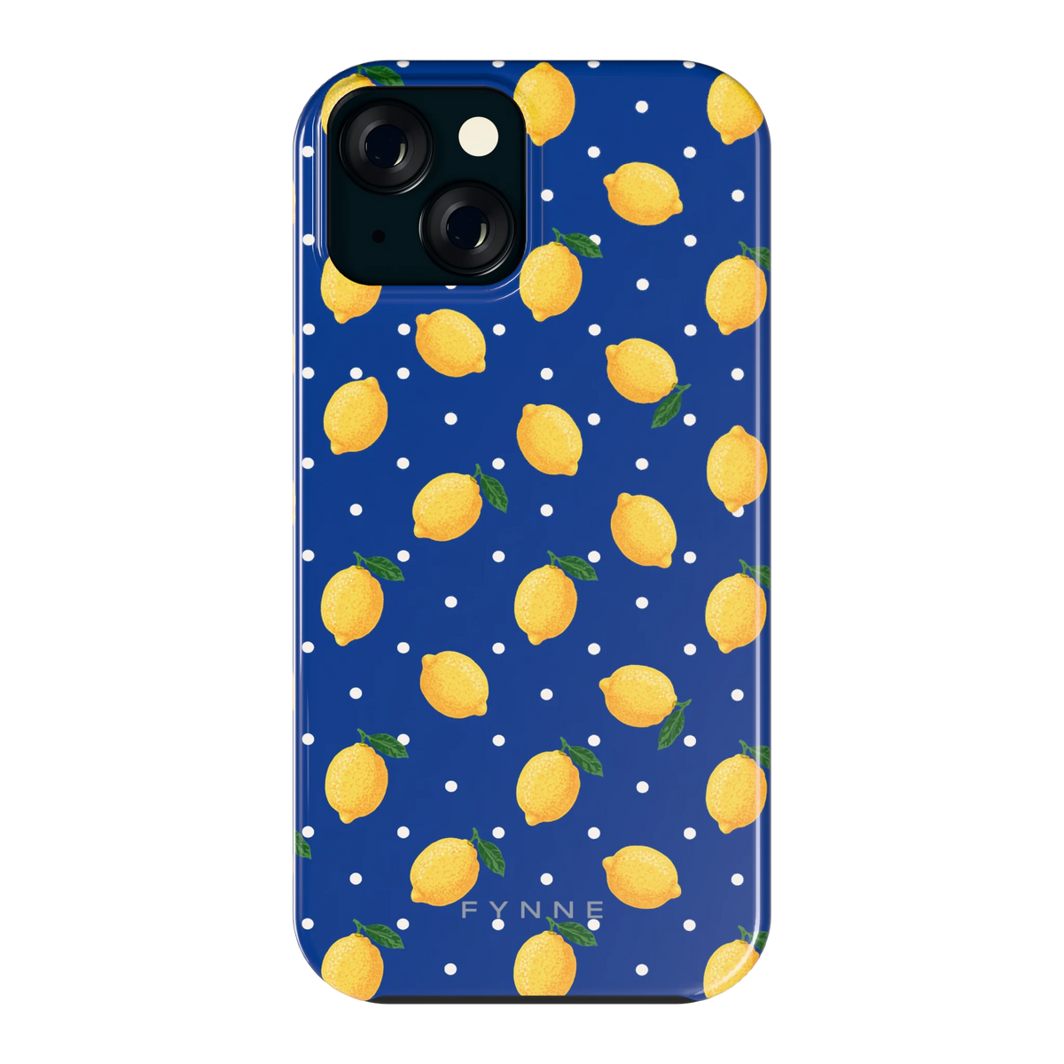 Citroenen op marineblauw hoesje voor iPhone 15, achterkant