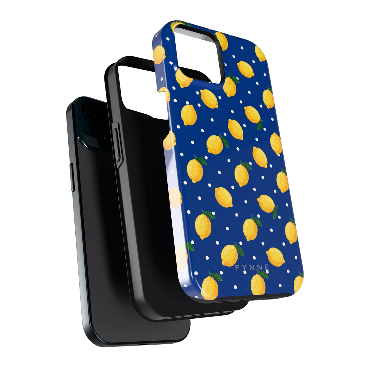 Citroenen op marineblauw hoesje voor iPhone 15, los van de telefoon