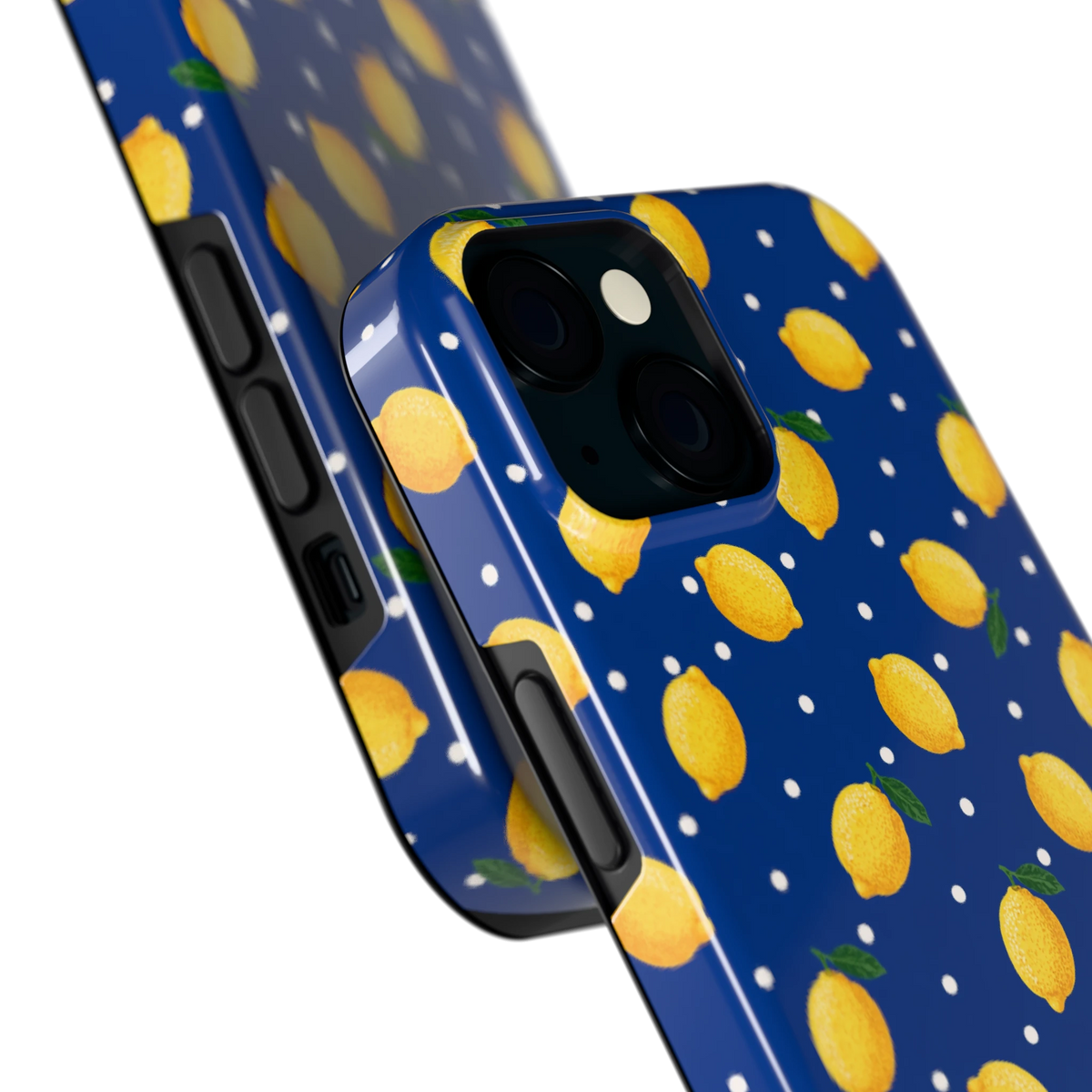 Citroenen op marineblauw hoesje voor iPhone 15, close-up