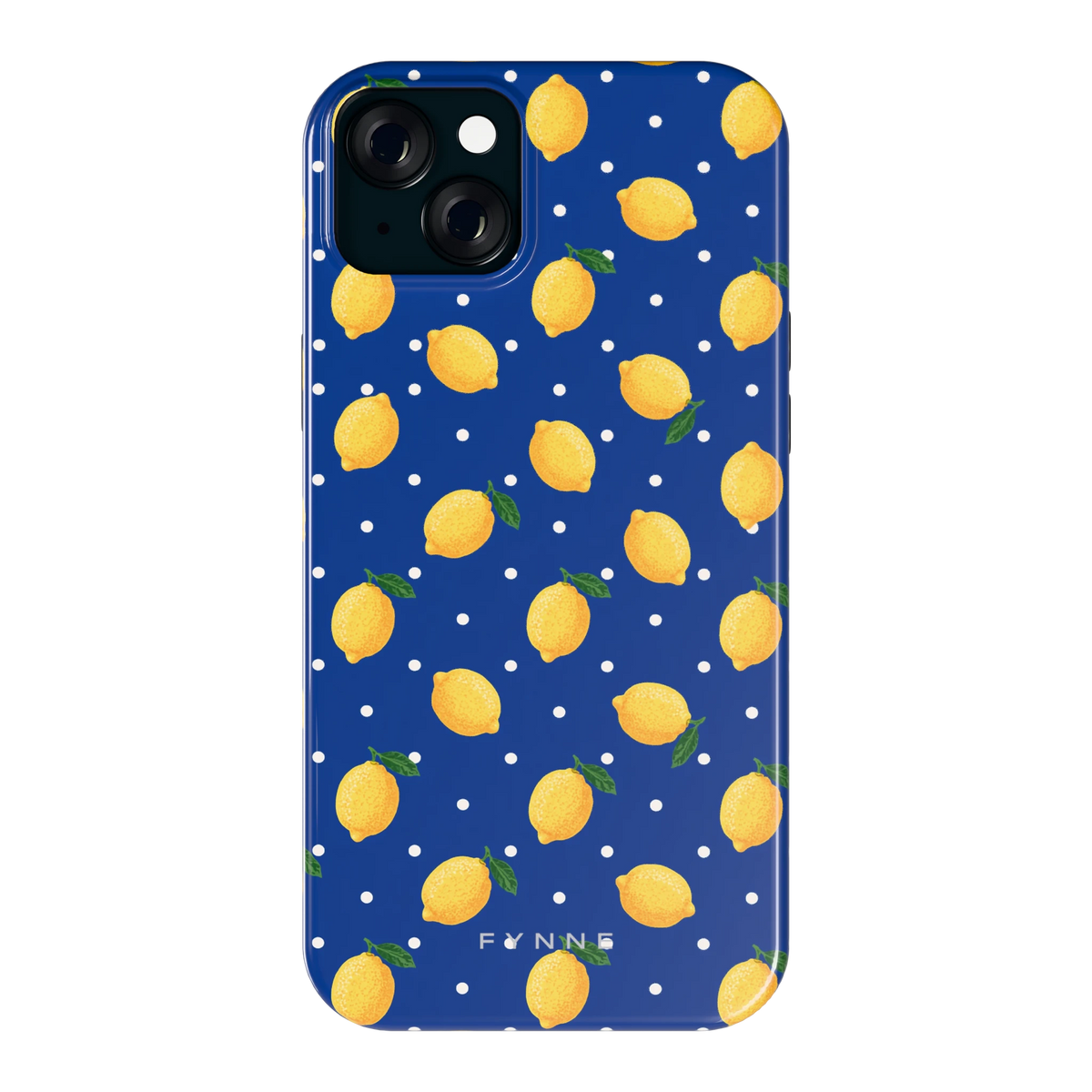 Citroenen op marineblauw hoesje voor iPhone 15 Plus, achterkant