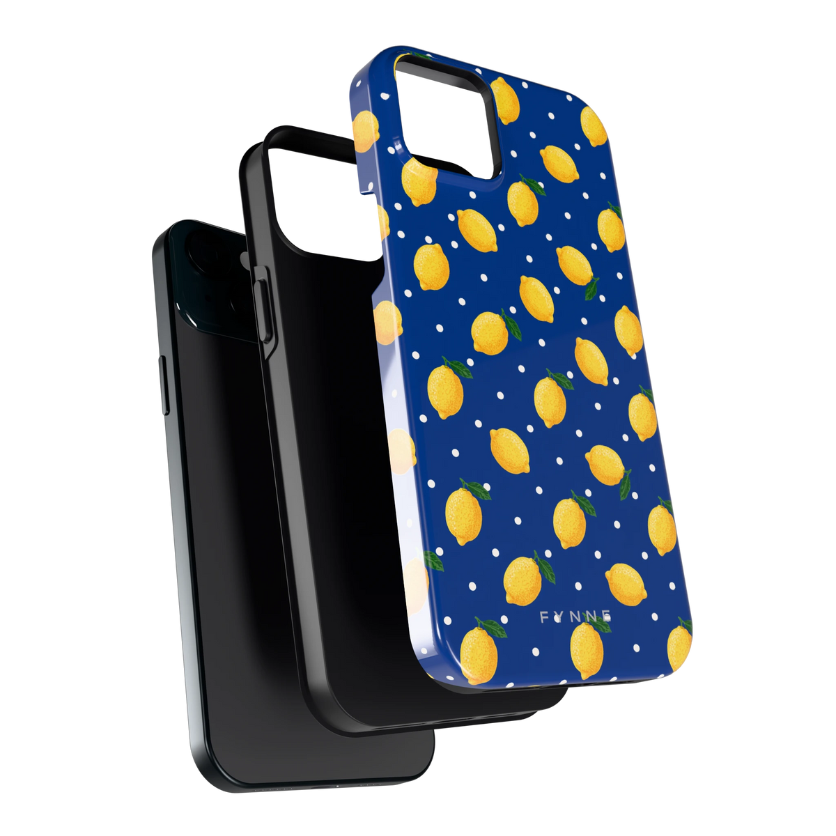 Citroenen op marineblauw hoesje voor iPhone 15 Plus, los van de telefoon