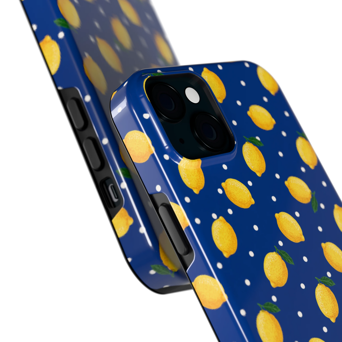 Citroenen op marineblauw hoesje voor iPhone 15 Plus, close-up