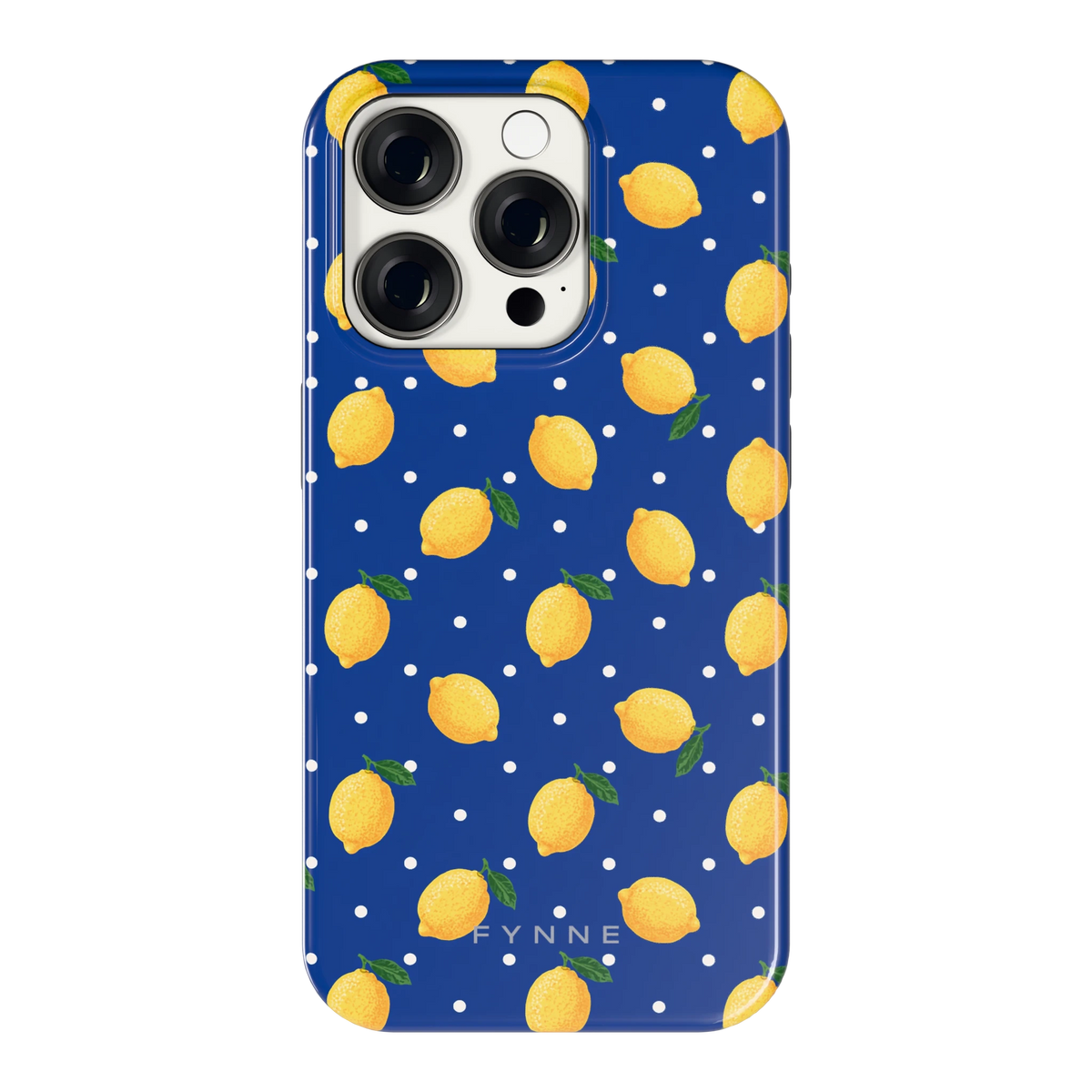 Citroenen op marineblauw hoesje voor iPhone 15 Pro, achterkant