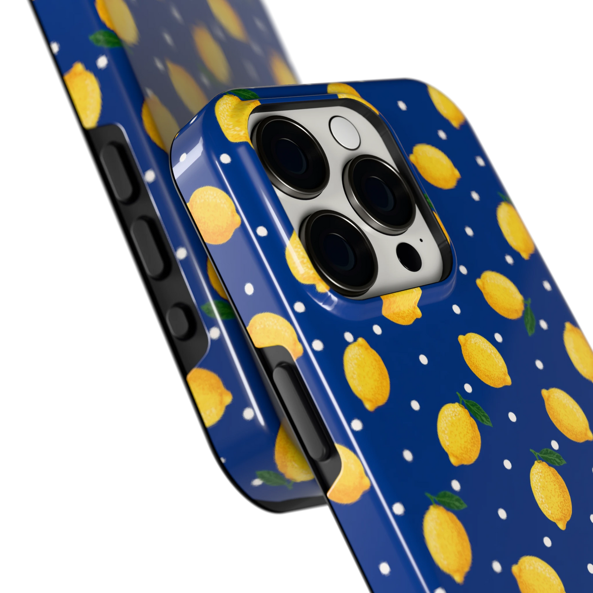 Citroenen op marineblauw hoesje voor iPhone 15 Pro, close-up