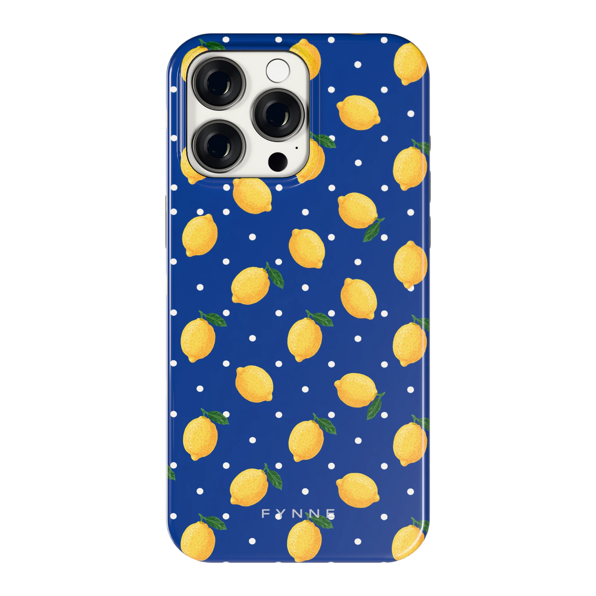 Citroenen op marineblauw hoesje voor iPhone 15 Pro Max, achterkant