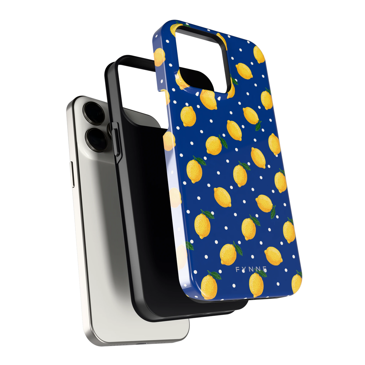Citroenen op marineblauw hoesje voor iPhone 15 Pro Max, los van de telefoon