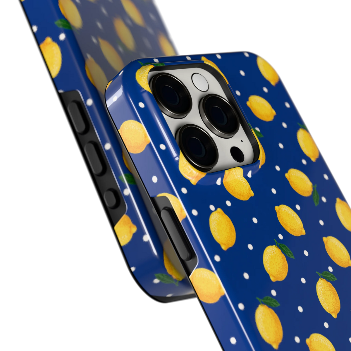Citroenen op marineblauw hoesje voor iPhone 15 Pro Max, close-up