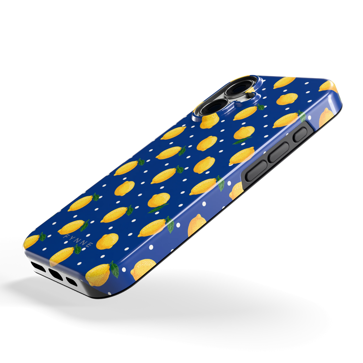 Citroenen op marineblauw hoesje voor iPhone 16, schuin
