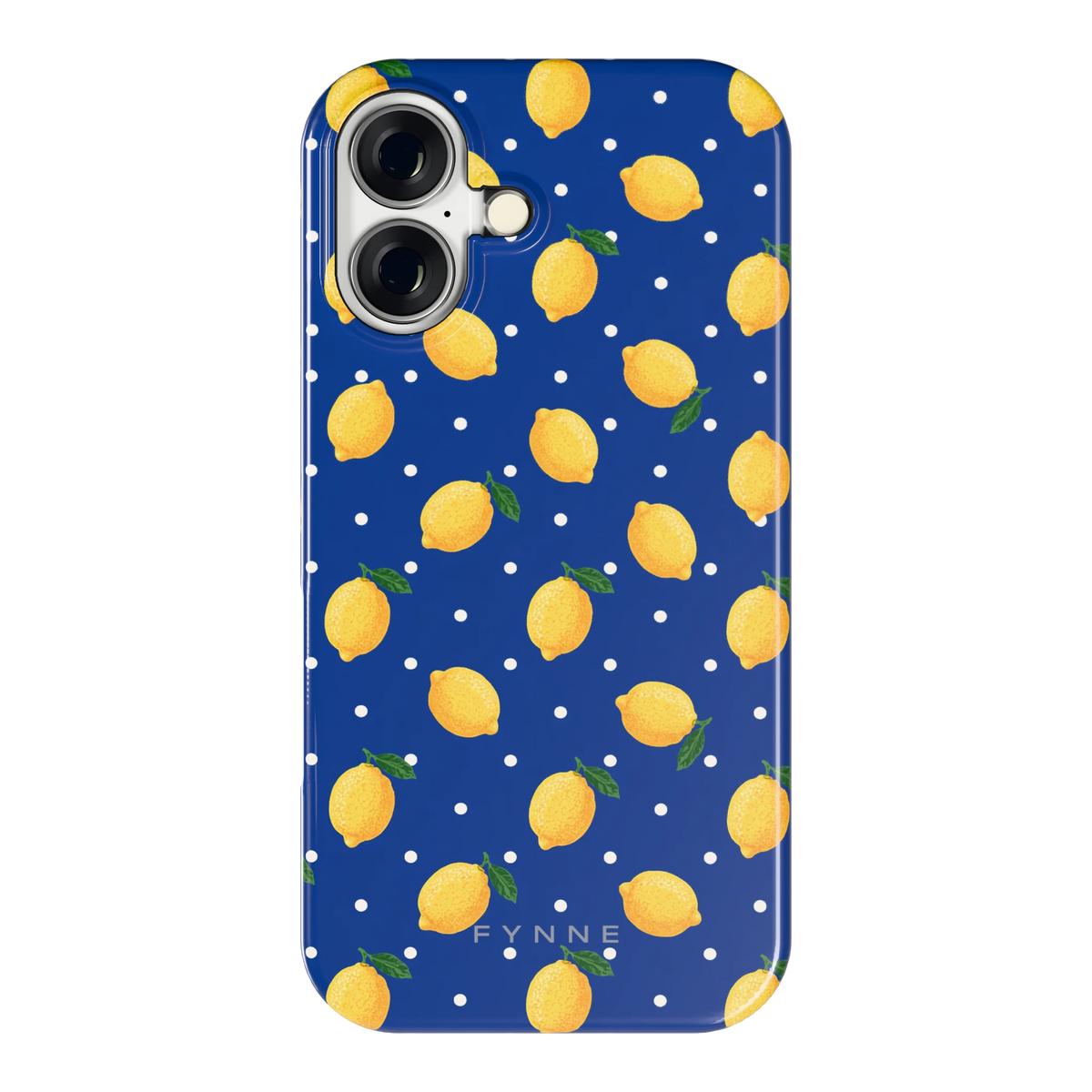 Citroenen op marineblauw hoesje voor iPhone 16, achterkant