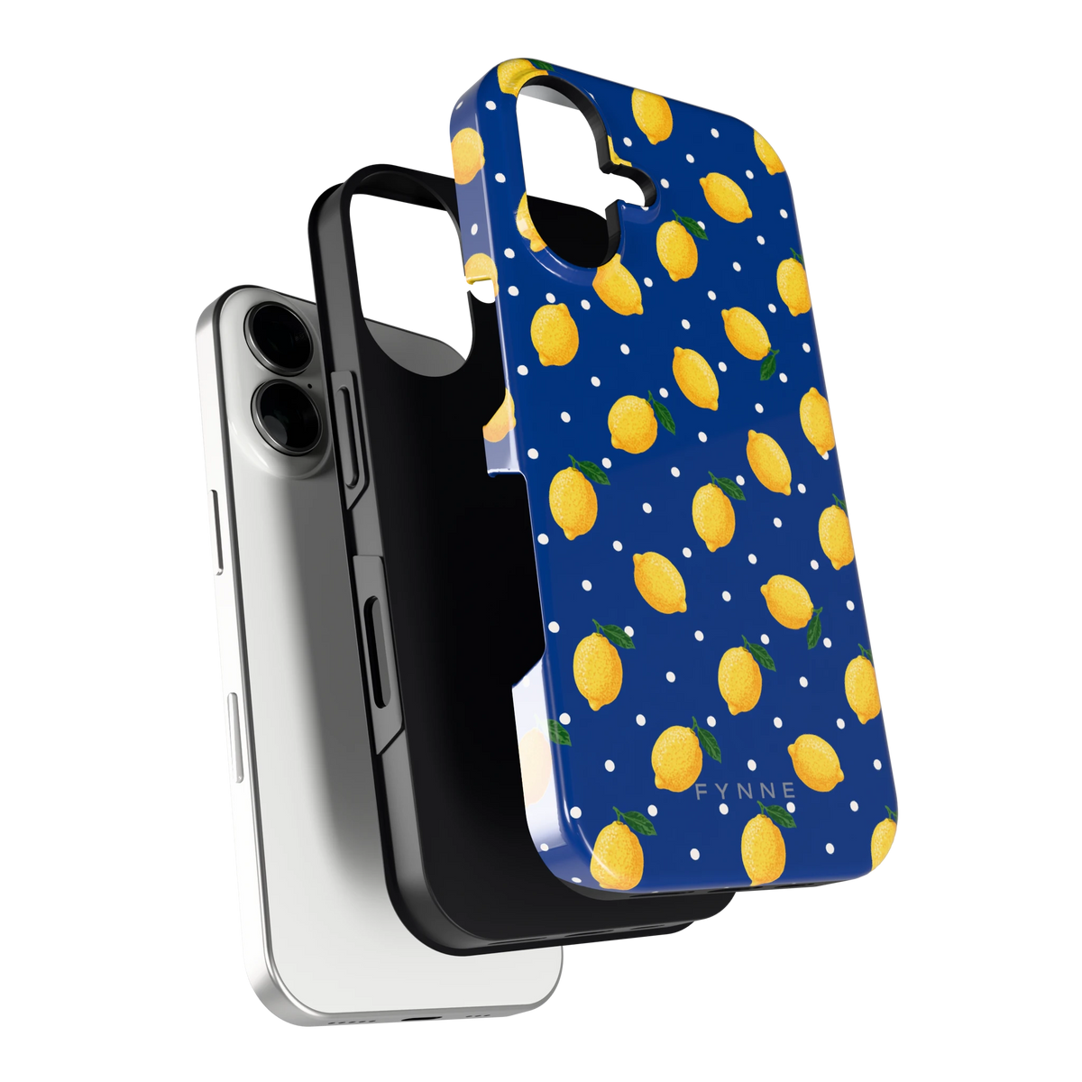 Citroenen op marineblauw hoesje voor iPhone 16, los van de telefoon