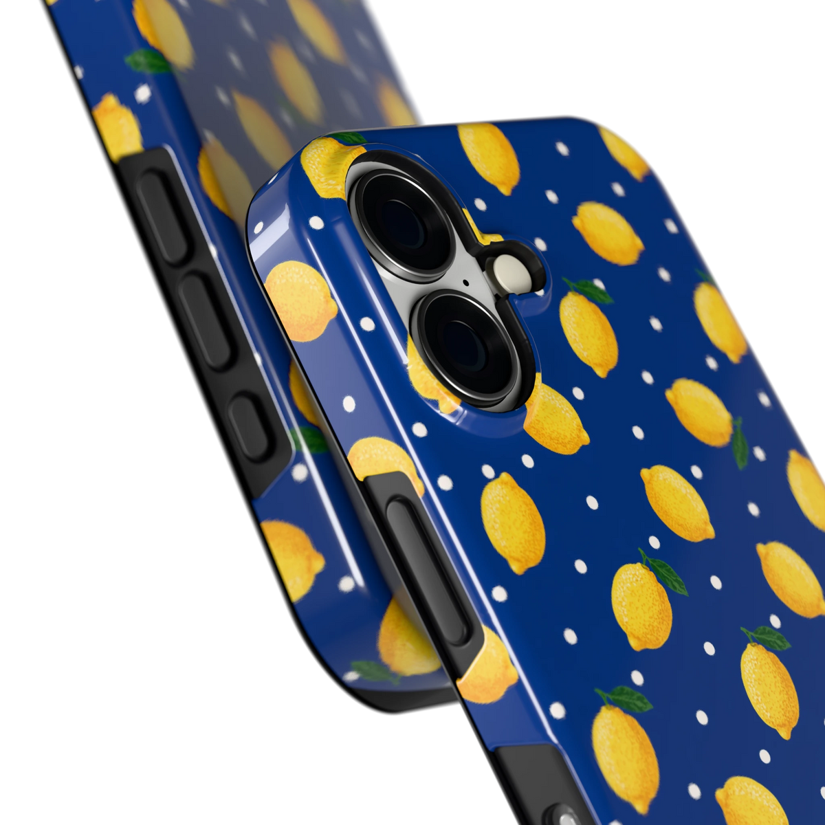 Citroenen op marineblauw hoesje voor iPhone 16, close-up