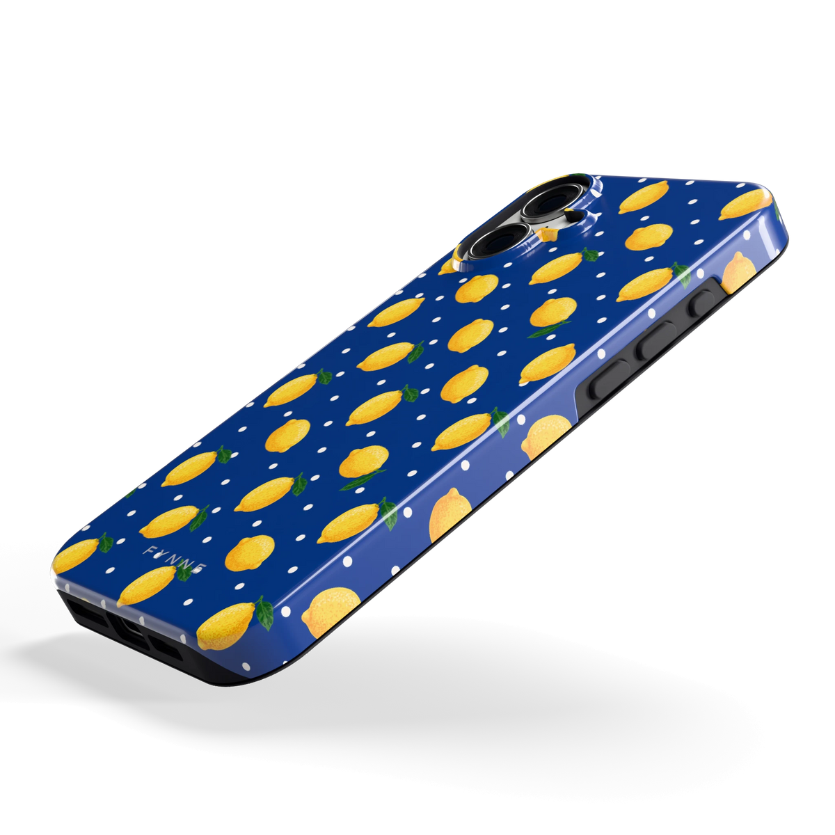 Citroenen op marineblauw hoesje voor iPhone 16 Plus, schuin