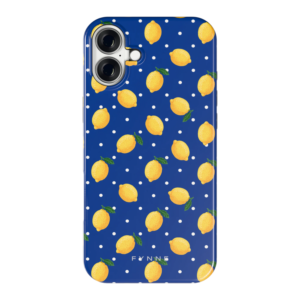 Citroenen op marineblauw hoesje voor iPhone 16 Plus, achterkant