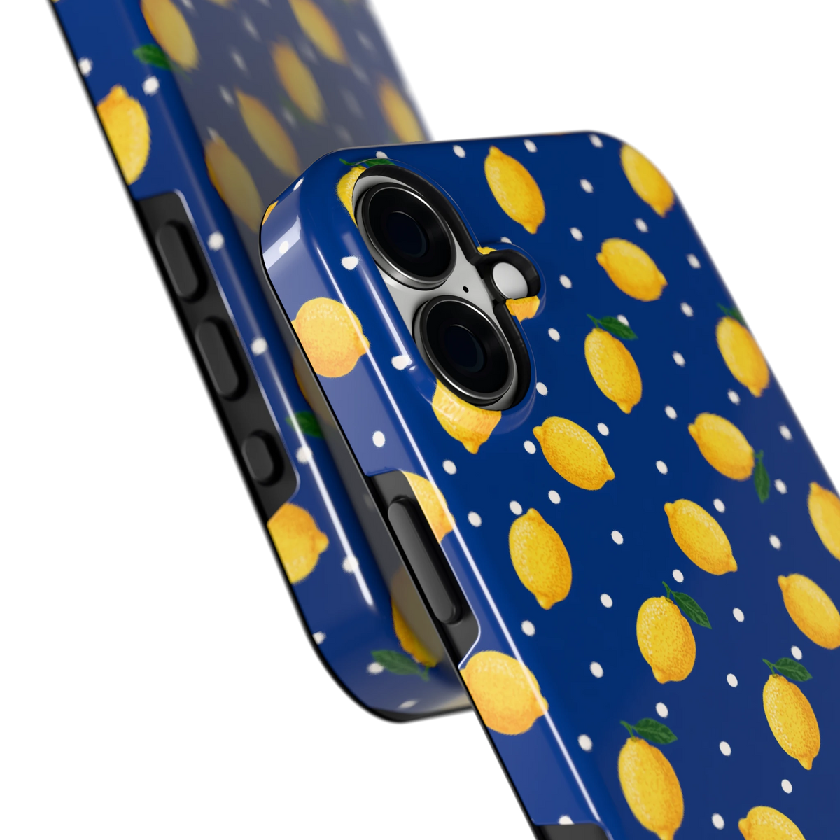 Citroenen op marineblauw hoesje voor iPhone 16 Plus, close-up