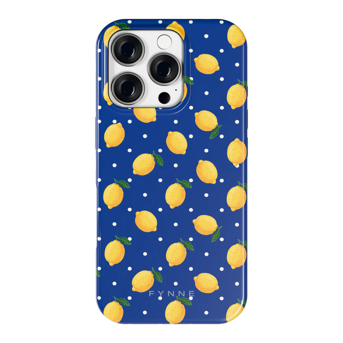 Citroenen op marineblauw hoesje voor iPhone 16 Pro, achterkant