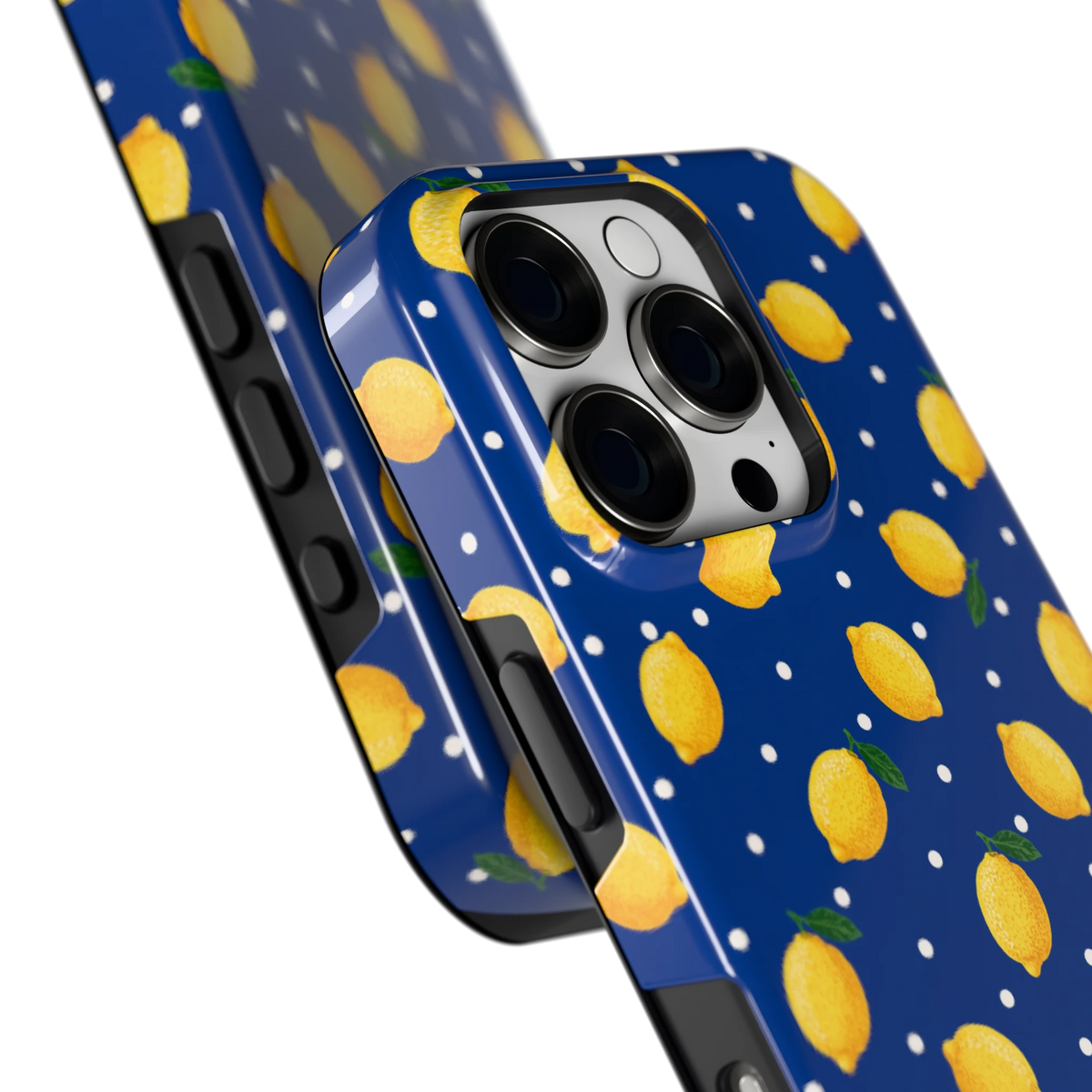 Citroenen op marineblauw hoesje voor iPhone 16 Pro, close-up