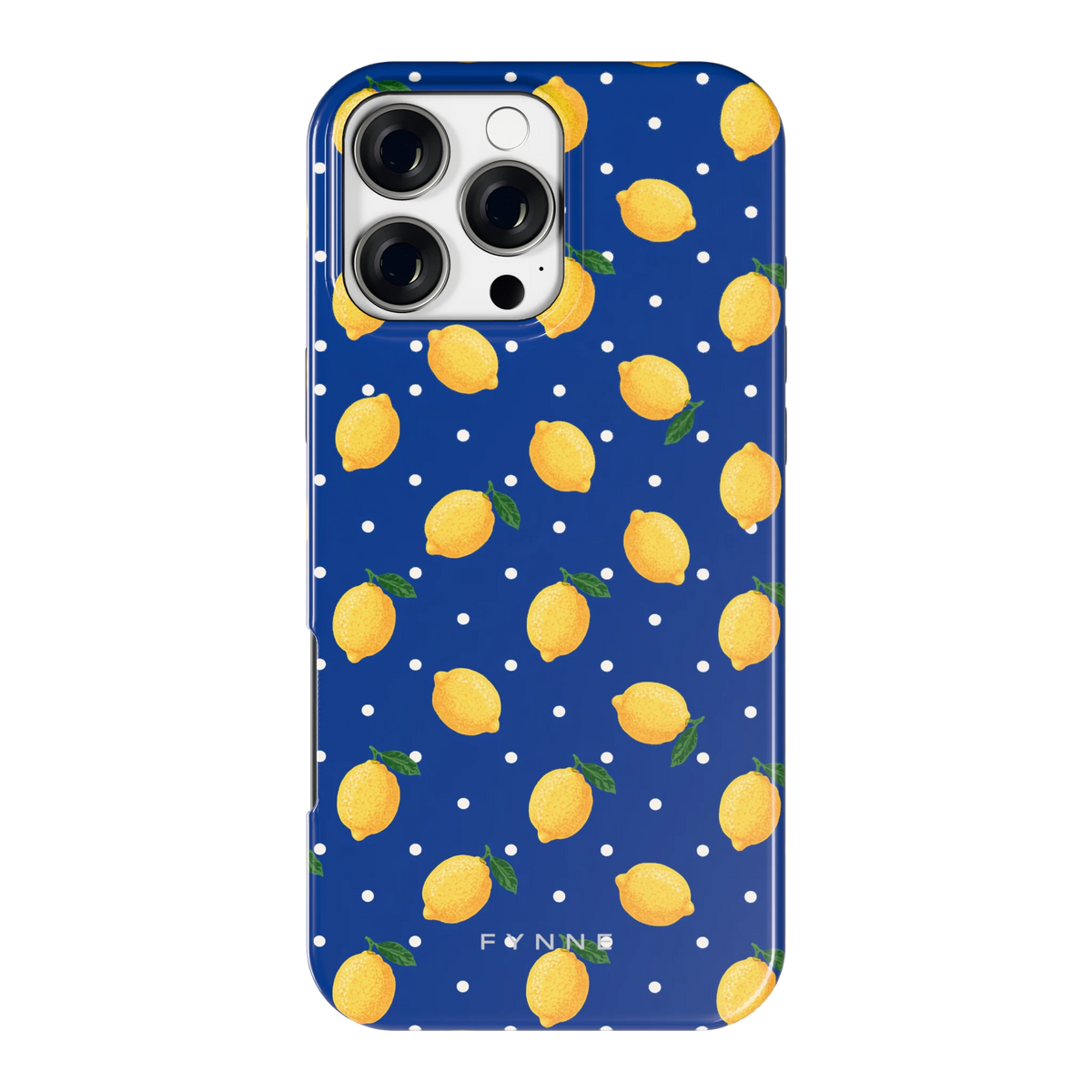 Citroenen op marineblauw hoesje voor iPhone 16 Pro Max, achterkant
